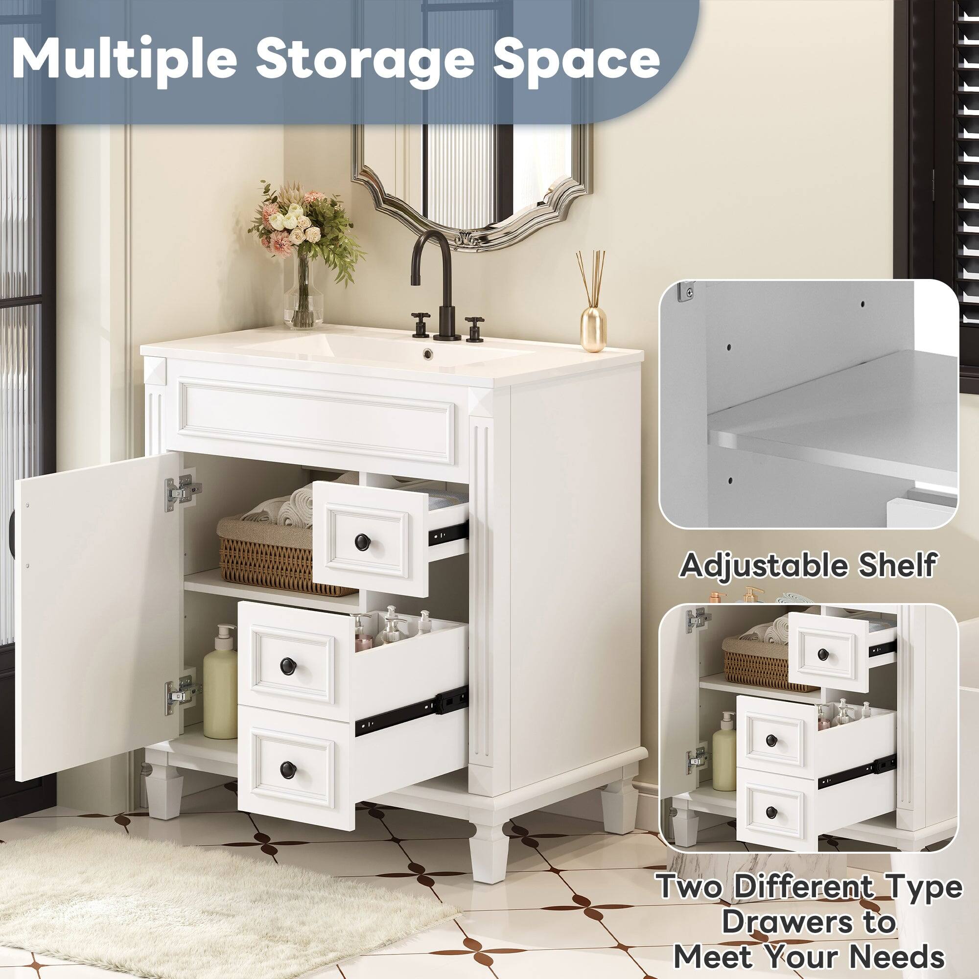 Multiple Storage Space Adjustable Shelf K3U Two Different Type Drawers to Meet Your Needs