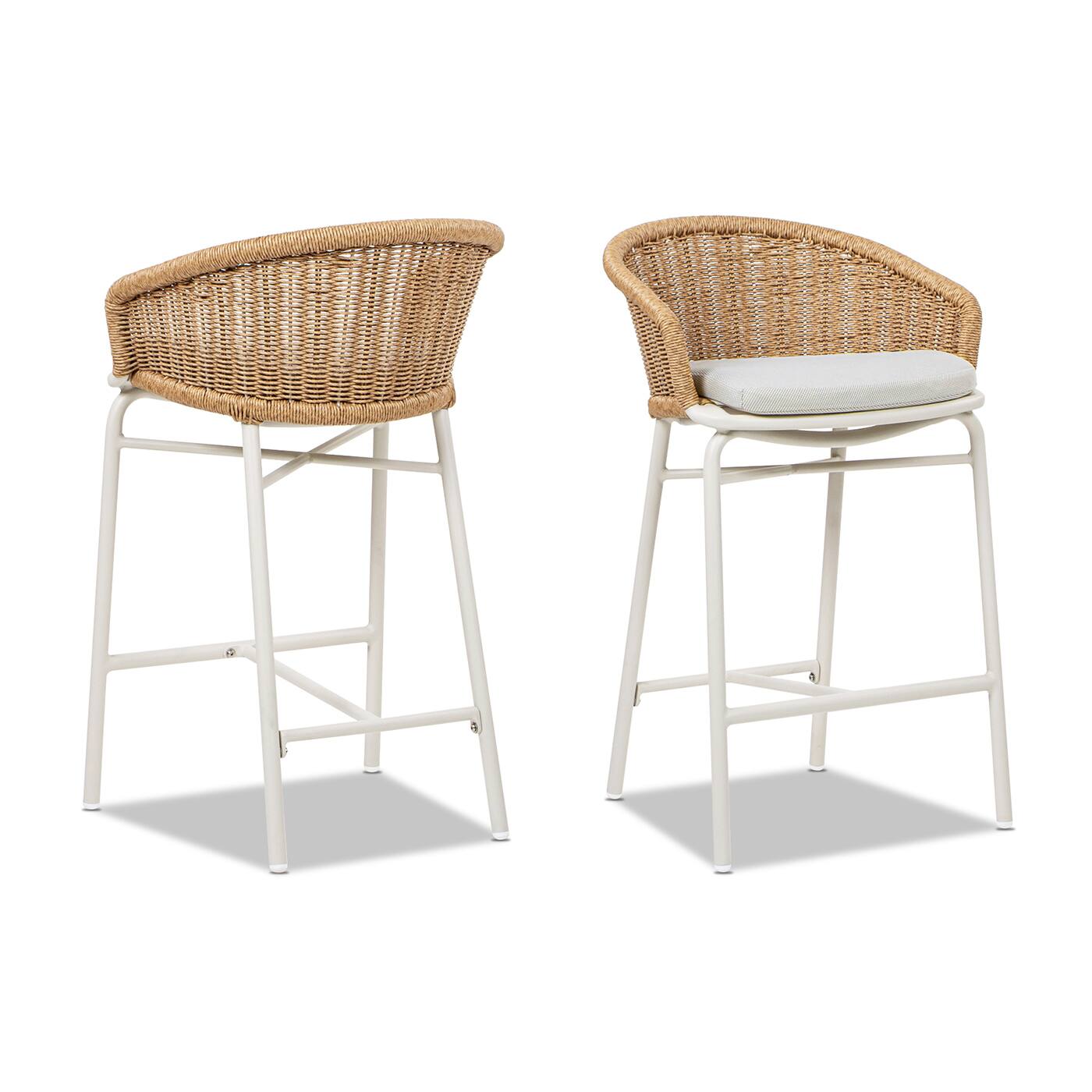 Left. Mondawe - Set of 2 Wicker Back Outdoor Bar Stool - Beige.