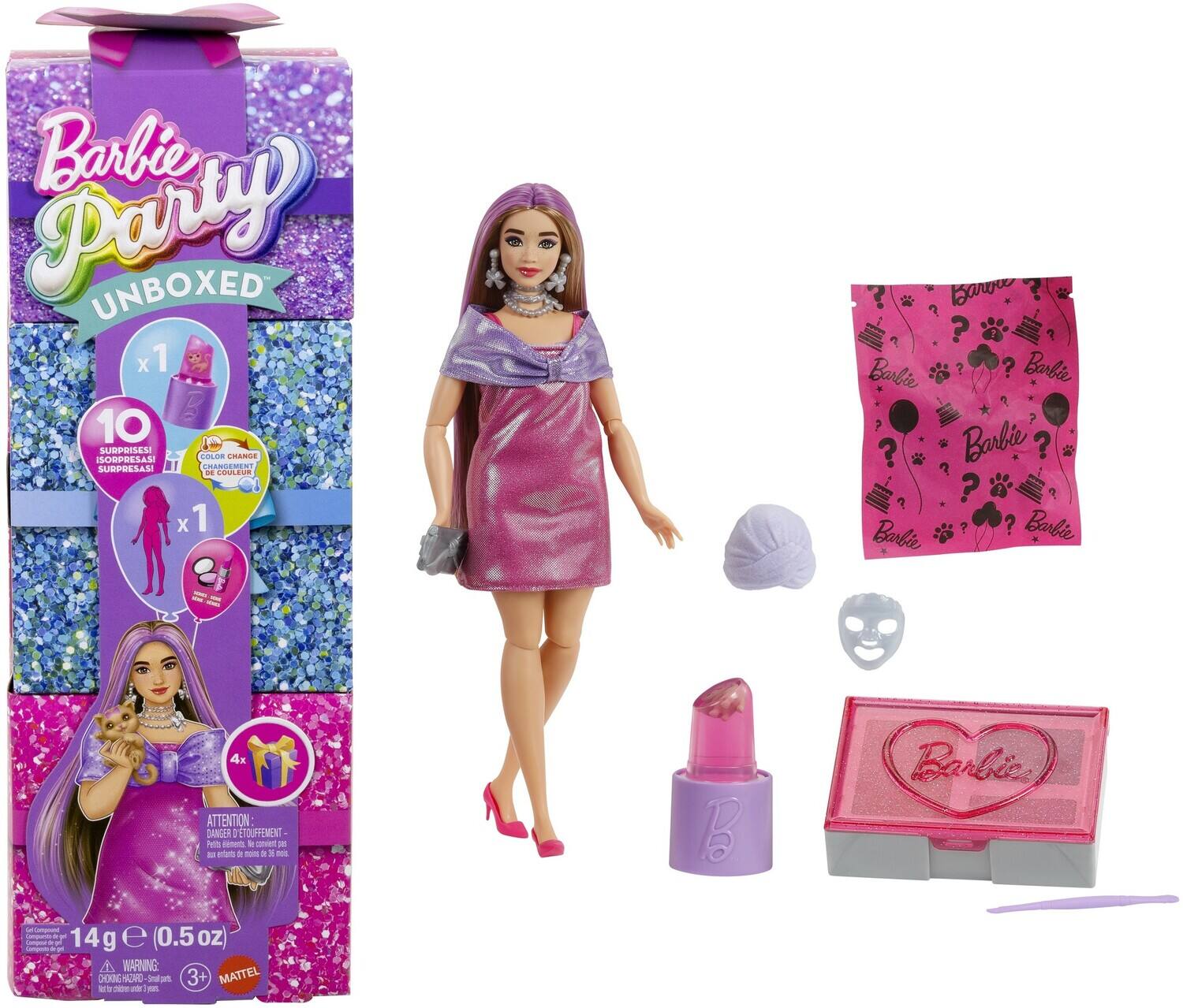 Barbie Party Unboxed

- 1 Barbie
- 10 surprises
- 1 changement de coiffure
- 4x accessoires
- 14g e 0.5oz
- Attention: risque d'étouffement
- 3+
- Mattel

Barbie