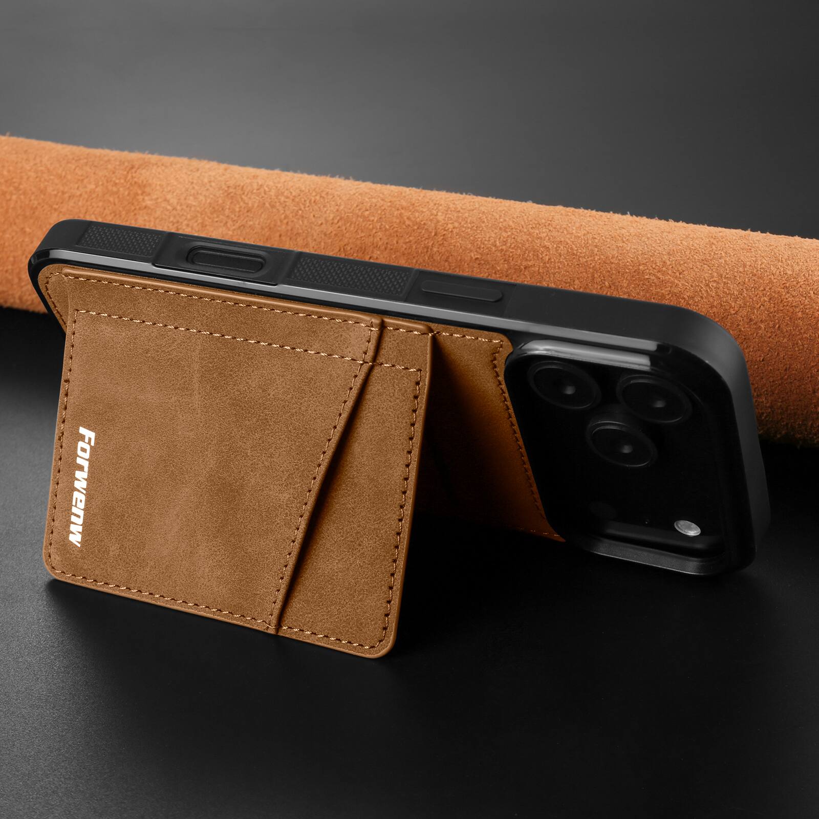 Left. Dteck - Dteck RFID Blocking Back Wallet Case for iPhone 17 Pro Max, Shockproof PU Leather Kickstand Rugged Cover - Brown.