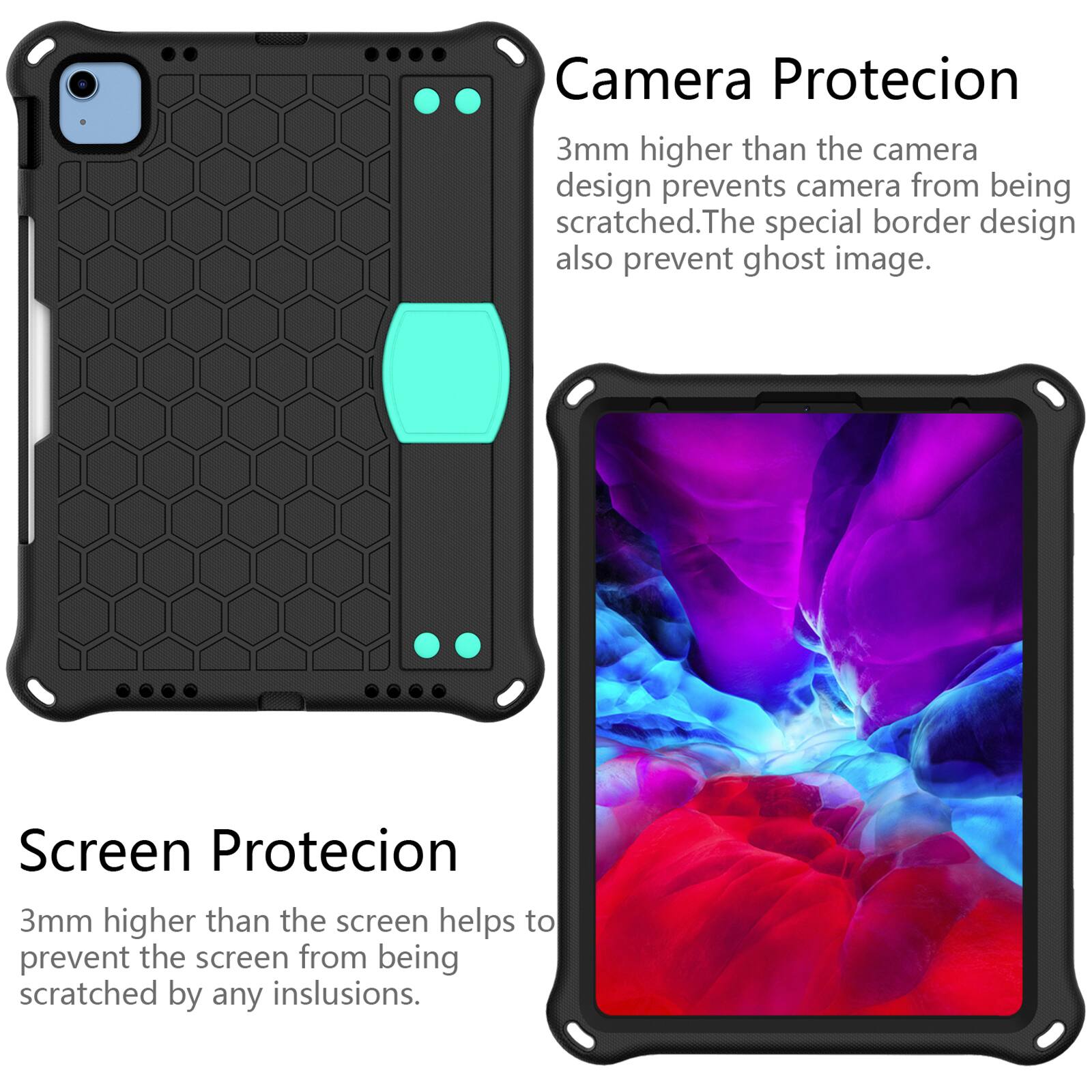 Camera Protecion  
3mm higher than the camera design prevents camera from being scratched. The special border design also prevent ghost image.  

Screen Protecion  
3mm higher than the screen helps to prevent the screen from being scratched by any inslusions.