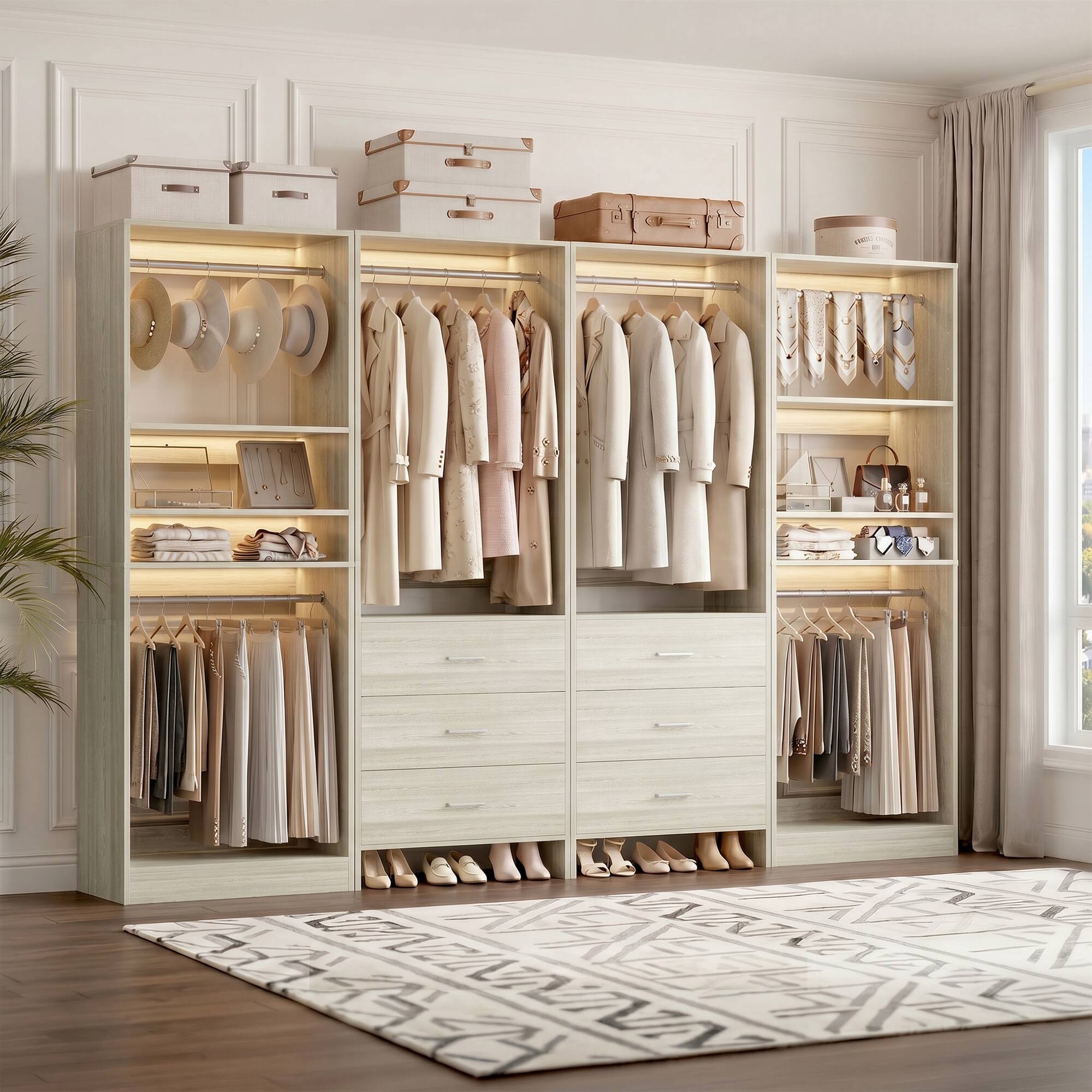 Alt View 3. Aheaplus - 98'' Walk-in Closet Organizer System, 4 Piece Wardrobe Set with 6 Drawers, 6 Hanging Rods & Adjustable Shelves - Beige Oak.