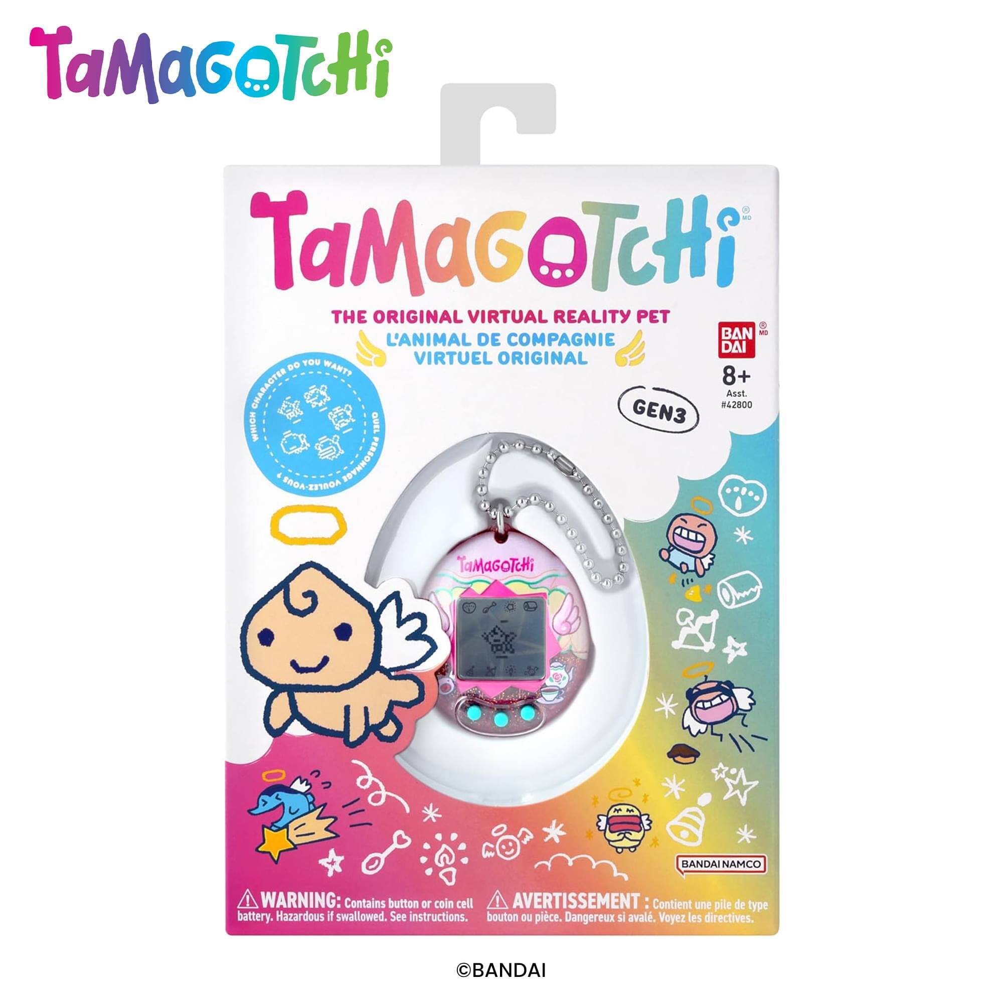 TaMaGoTcHi  
TaMaGoTcHi  
THE ORIGINAL VIRTUAL REALITY PET  
L'ANIMAL DE COMPAGNIE VIRTUEL ORIGINAL  
8+  
GEN3  
#42800  
BANDAI NAMCO  

WARNING: Contains button or coin cell battery. Hazardous if swallowed. See instructions.  
AVERTISSEMENT: Contient une pile de type bouton ou pièce. Dangereux si avalé. Voyez les directives.  

BANDAI