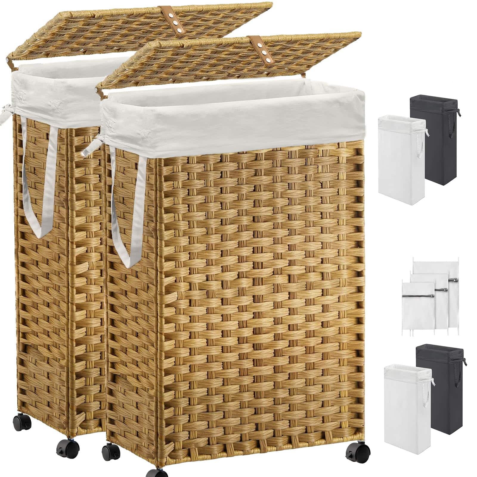 JETRANSPORT - 70l Slim Laundry Hamper With Lid & Wheels Rolling Basket 2 Removable Liner Bags 3 Mesh Narrow Dirty Clothes - Natural 2