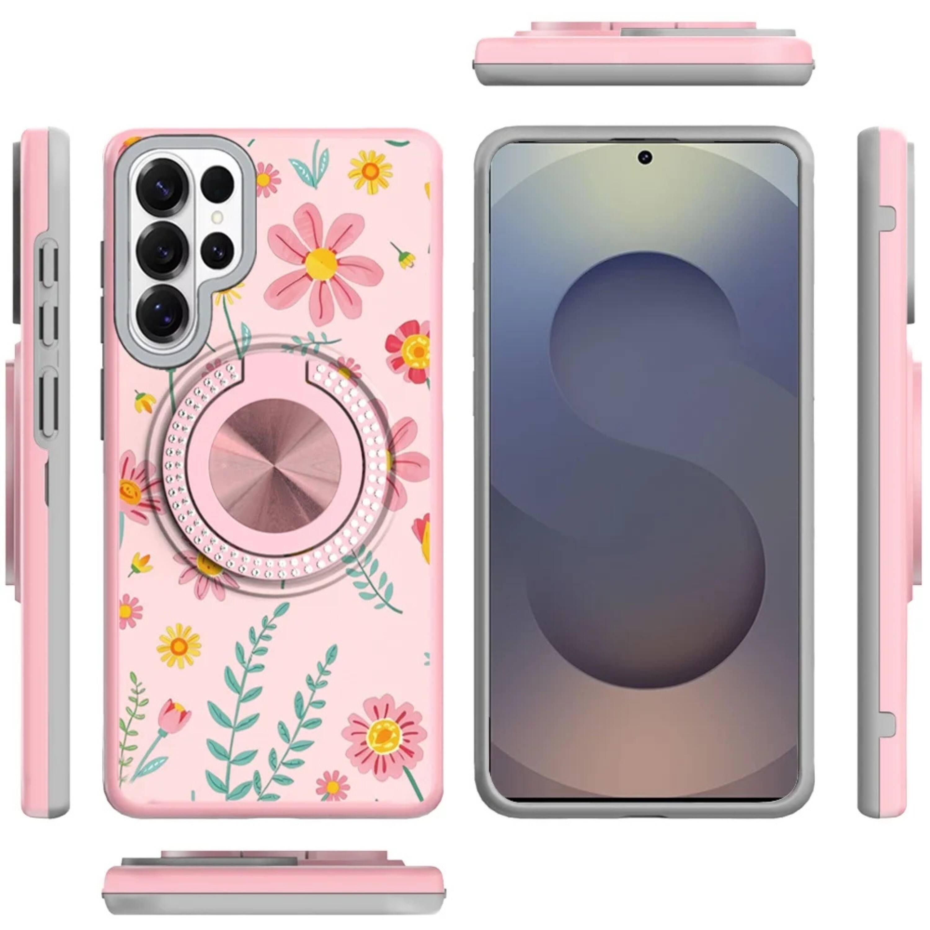 Angle. Kitcheniva - Stylish Bling Ring Stand Protective Case With Tempered Glass For Samsung S26 Ultra Pink Daisies - Pink.