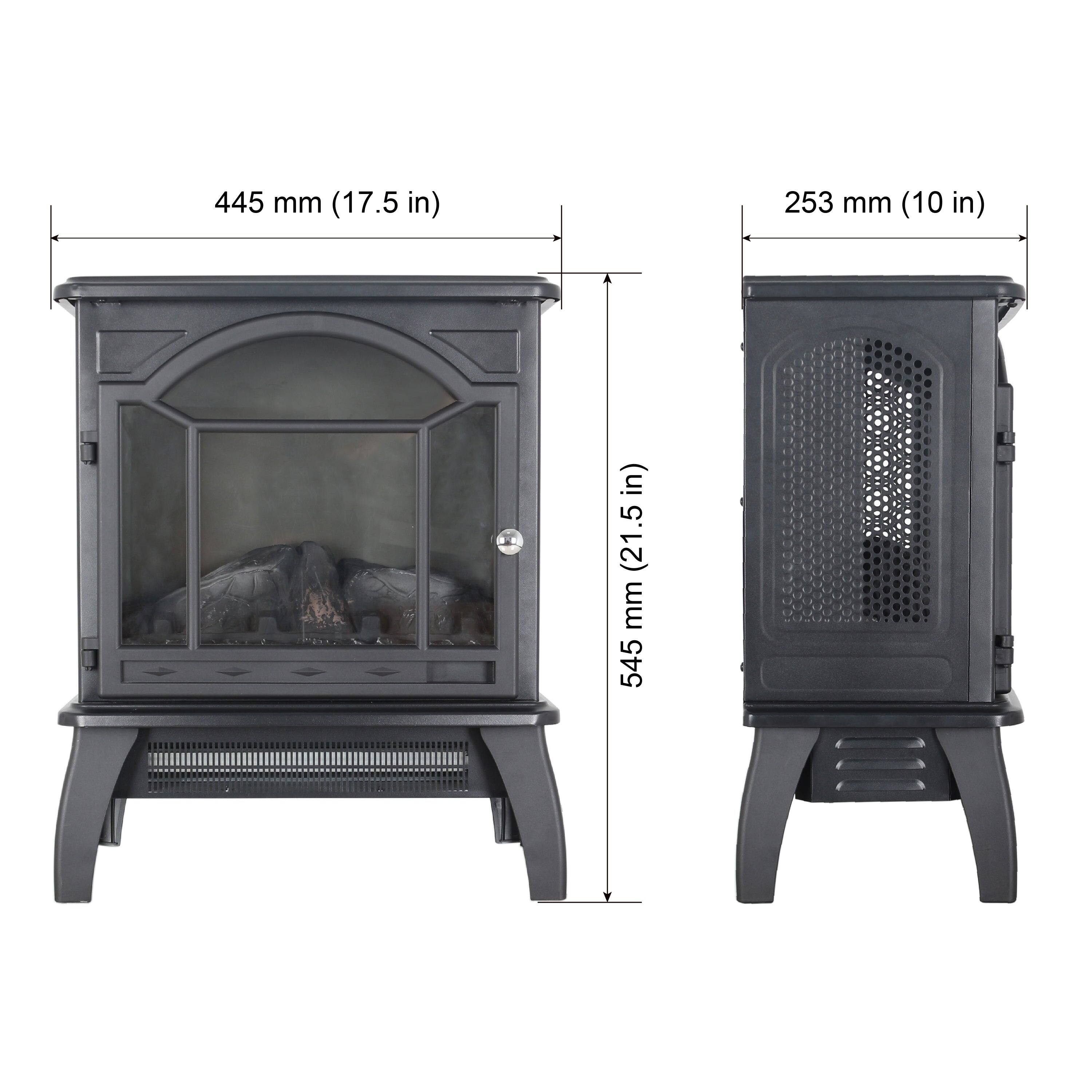 The image shows two fireplace designs, one with a glass front and the other with a black metal front. The dimensions of the glass fireplace are 445 mm (17.5 in) in height and 253 mm (10 in) in width. The black metal fireplace is 253 mm (10 in) in height and 17.5 in (445 mm) in width.