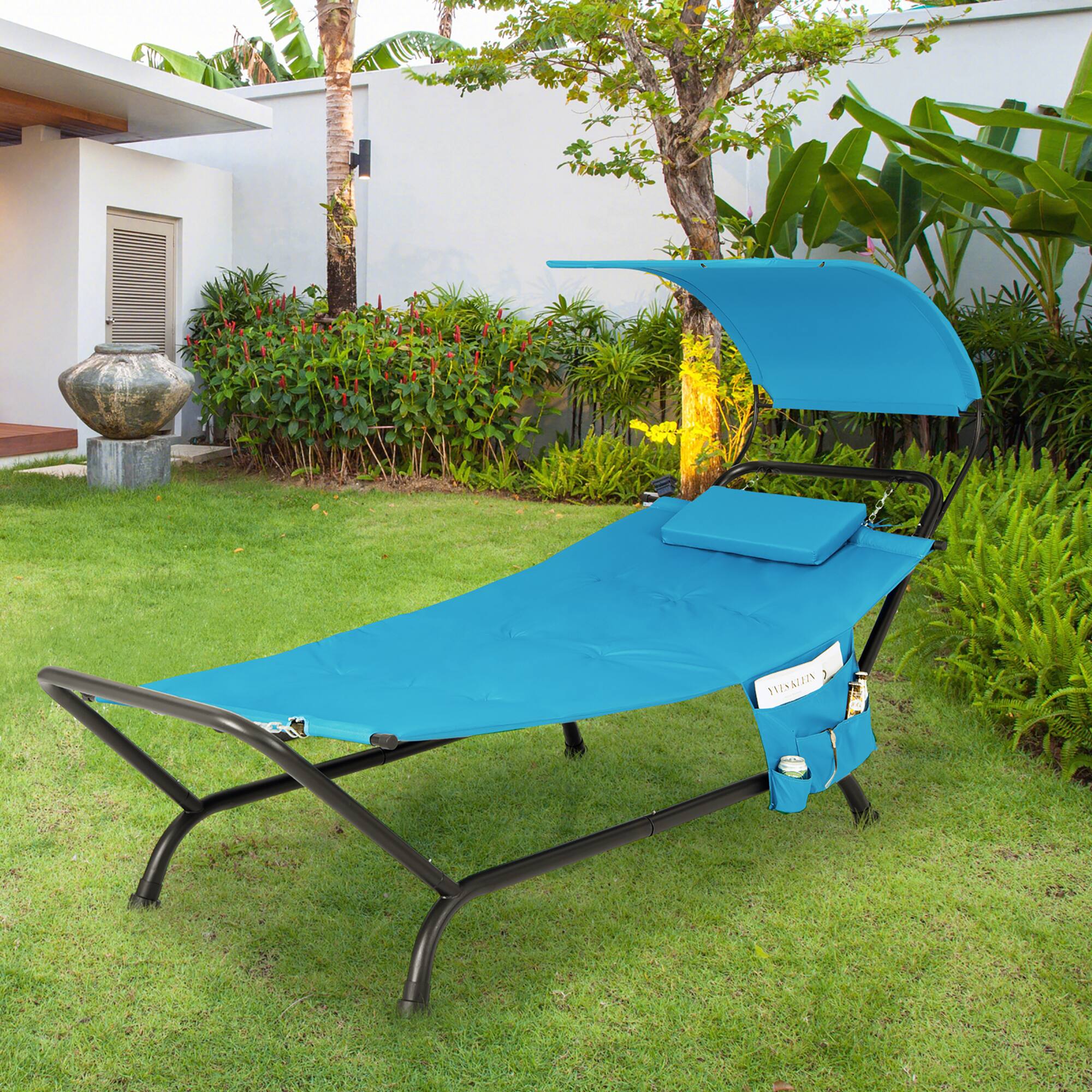 Alt View 1. Costway - Costway Patio Hanging Chaise Lounge Chair with Canopy, Cushion, Pillow & Storage Bag - Blue.