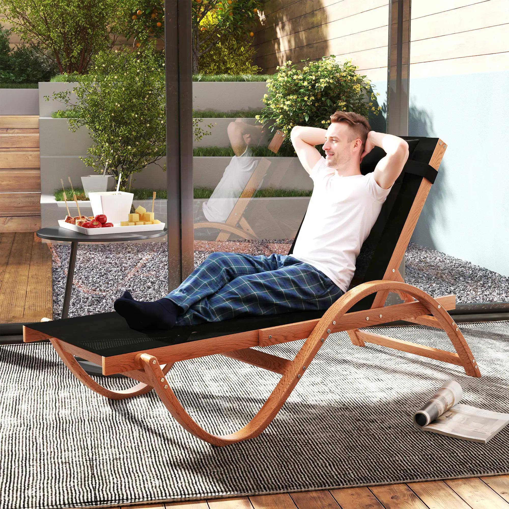 Alt View 8. Resenkos - Resenkos Larch Wood Tanning Lounger, 4-Level Adjustable Comfort Chair, Full Flat Patio Relaxer, Black - Black.