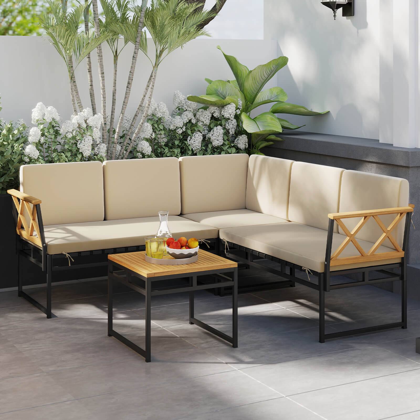 Alt View 3. Costway - Costway 4 Piece Outdoor Sectional Sofa Set L-Shaped Metal Conversation Set with Cushions - Beige.