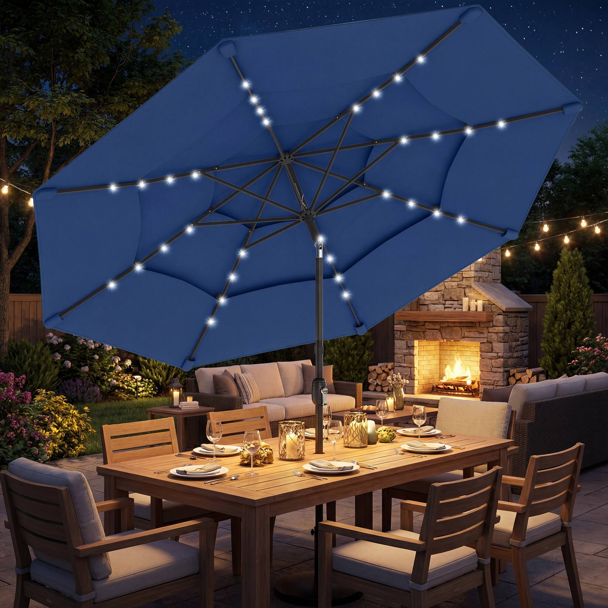 Alt View 8. Outsunny - ft Outdoor Patio Umbrella with Solar LED Lights, 3 Tier Outdoor Table Umbrella with Tilt, Crank - Navy Blue.
