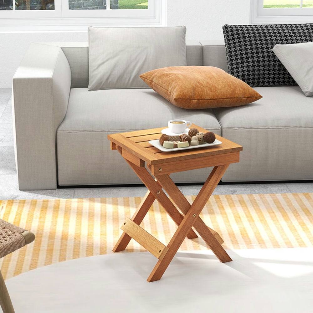 Alt View 2. Pefilos - 14 Inch Compact Folding Side Table with Stable Triangular Structure, Foldable Side Table with Slatted Tabletop, Table - Brown.