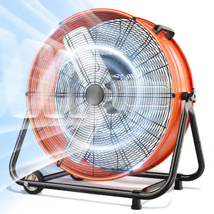Front. Nordic Hygge - 30 in. 14000 CFM Heavy Duty 3-Speed Industrial Drum Fan with 360-Degree Tilt in Orange.
