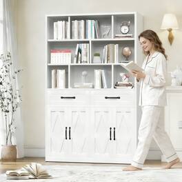 Boyel Living - 71-Inch Metal Bookcase with Fixed Shelves, 2 Drawers and 2 Doors - White