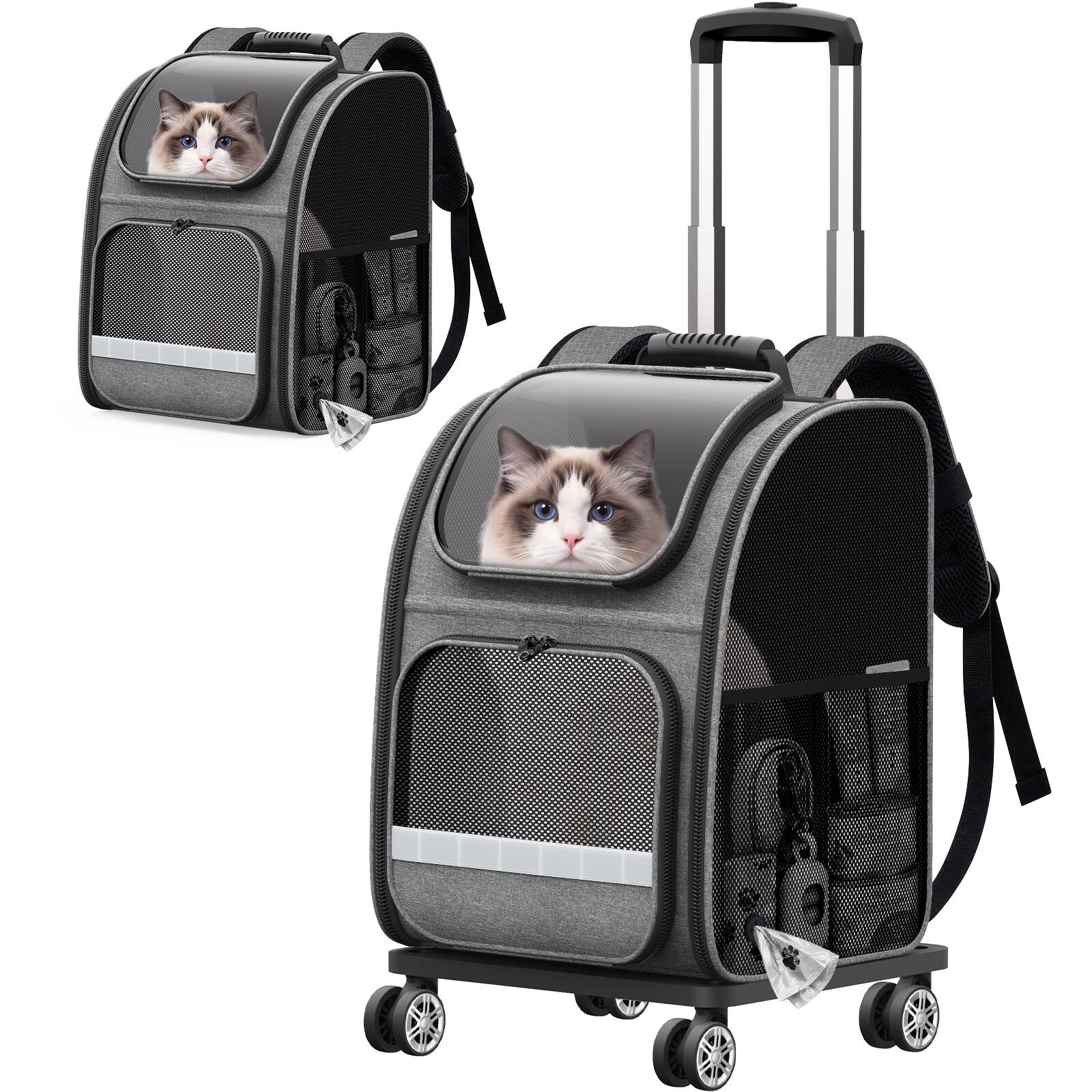 Front. Pawtners - Pawtners Rolling Cat Carrier Backpack with Wheels for Cats Small Dogs, Gray.