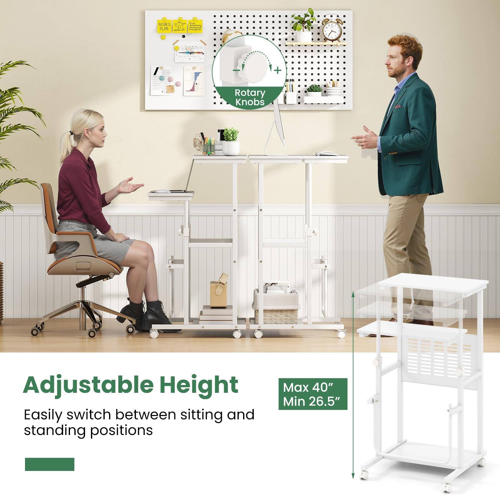 3 Com SET IN - - d + Rotary Knobs Adjustable Height Easily switch between sitting and standing positions Max 40" Min 26.5"