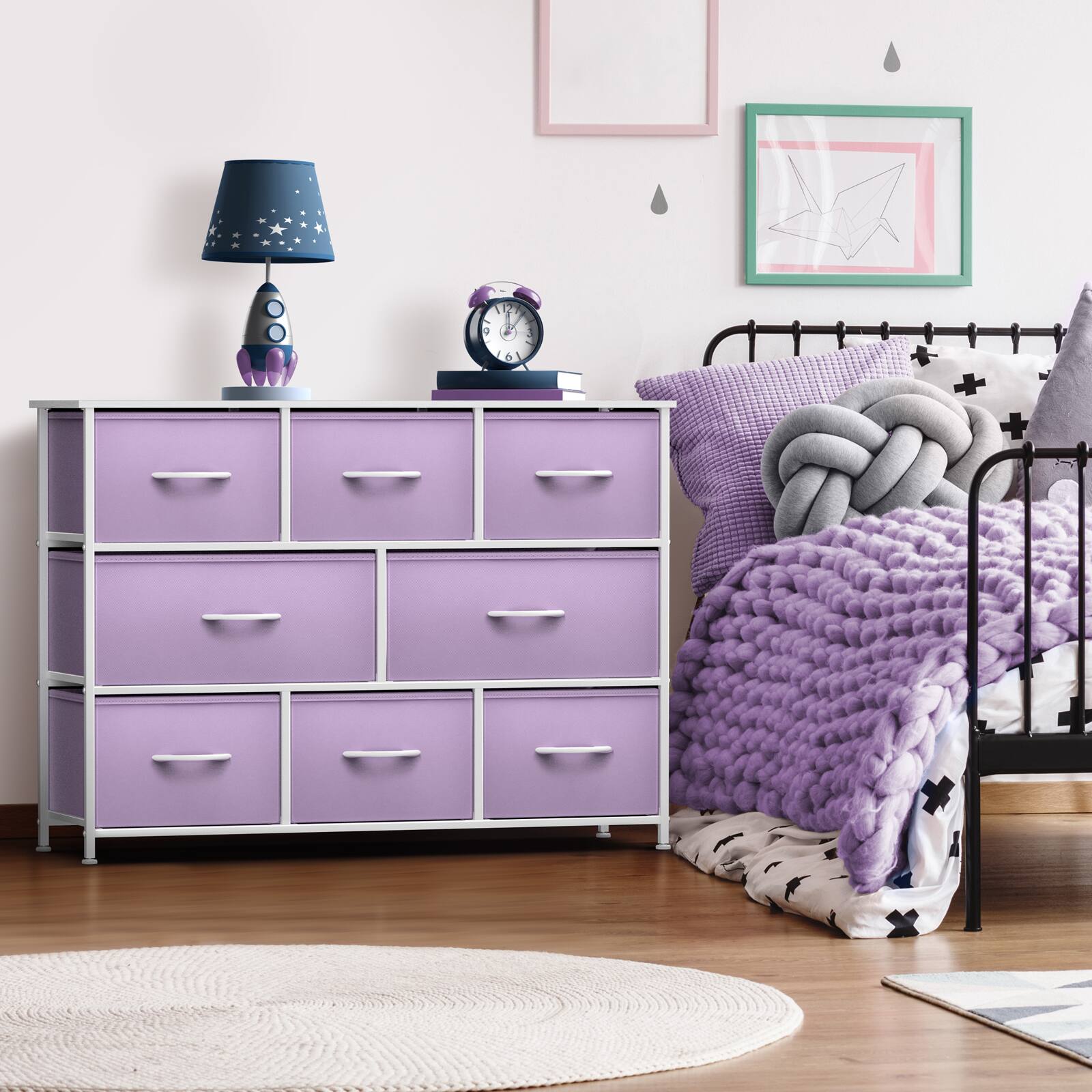 Angle. Sorbus - Sorbus 8 Drawers Wide Dresser - Organizer Unit with Steel Frame, Wood Top, and Handle, and Fabric Bins - Purple.