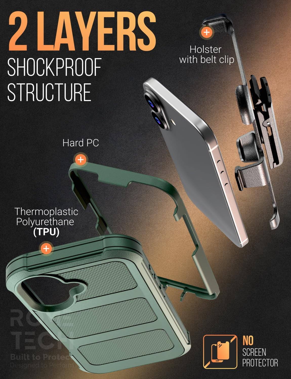 2 LAYERS  
SHOCKPROOF STRUCTURE  
Holster with belt clip  
Hard PC  
Thermoplastic Polyurethane (TPU)  
NO SCREEN PROTECTOR  

Built to Protect  
Designed to Perform