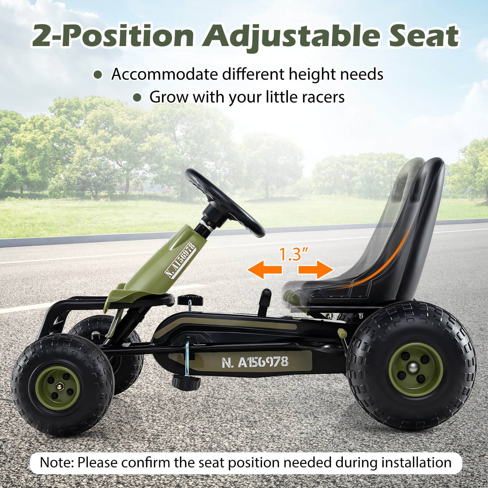 2-Position Adjustable Seat  
- Accommodate different height needs  
- Grow with your little racers  

A156978  

1.3"  

Note: Please confirm the seat position needed during installation