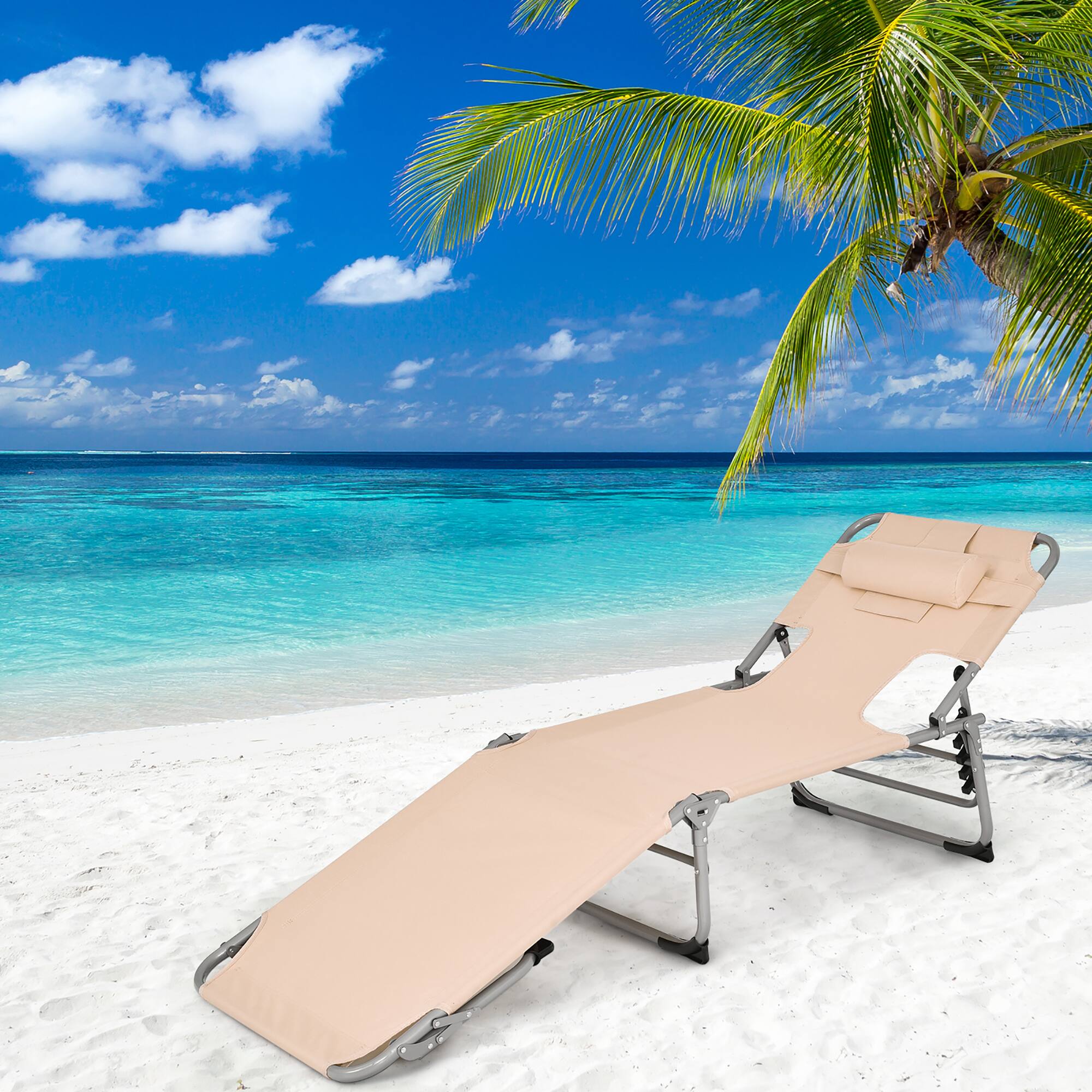 Alt View 3. Gymax - Gymax Portable Beach Chaise Lounge Chair Folding Reclining Chair w/ Facing Hole Beige - Beige.