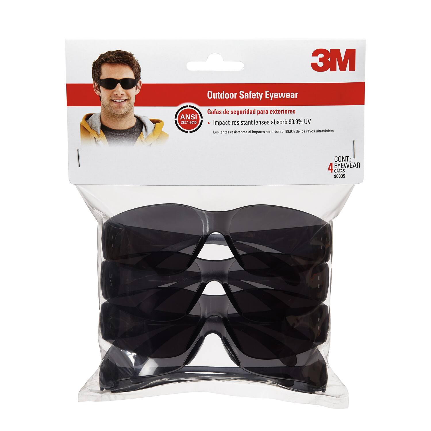 3M Outdoor Safety Eyewear  
Gafas de seguridad para exteriores  
ANSI 215-2010  
Impact-resistant lenses absorb 99.9% UV  
Los lentes resistentes a impacto absorben el 99.9% de los rayos ultravioleta  

CONT.: 4 EYEWEAR GAFAS  
90835