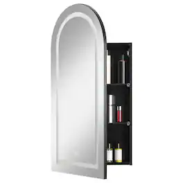 DIYSET - Arched Medicine Cabinet with LED Light, Wall-Mounted Mirror with Storage Recessed Bathroom Cabinet - White