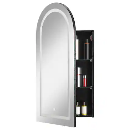Front. DIYSET - Arched Medicine Cabinet with LED Light, Wall-Mounted Mirror with Storage Recessed Bathroom Cabinet - White.