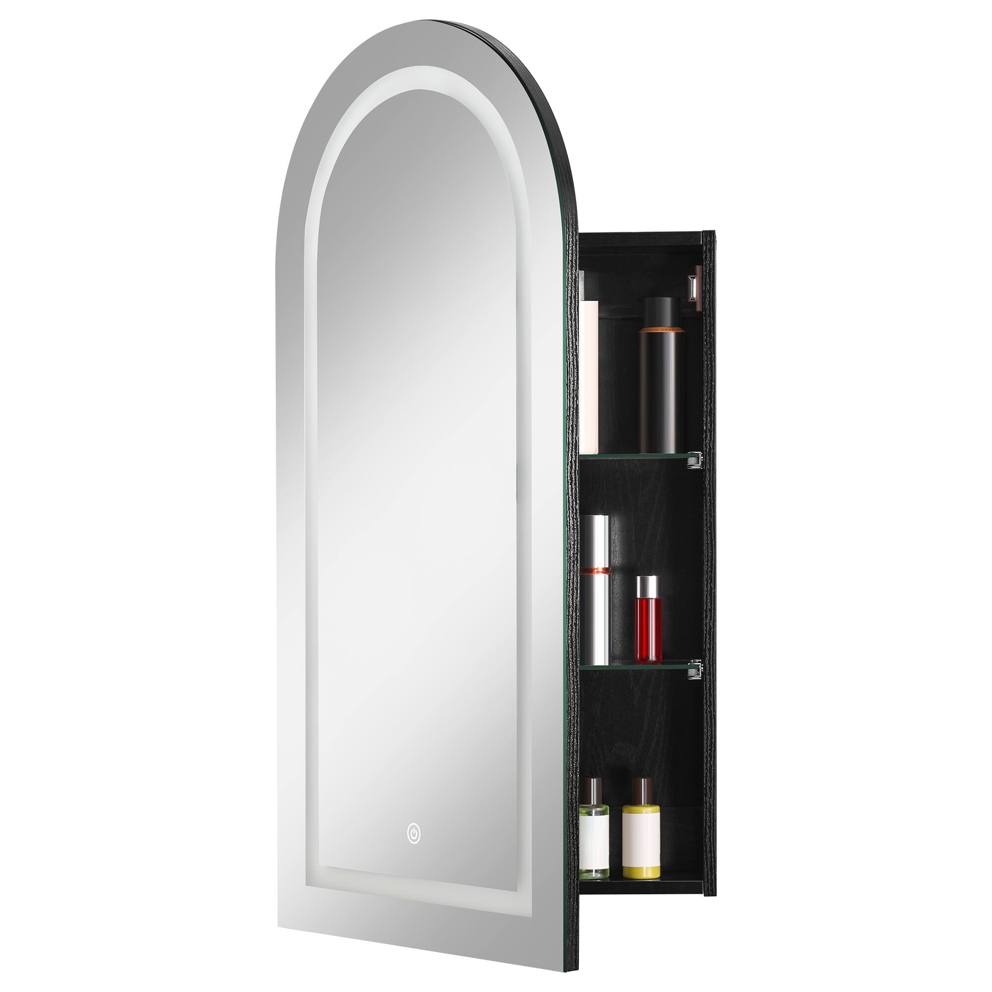 Front. DIYSET - Arched Medicine Cabinet with LED Light, Wall-Mounted Mirror with Storage Recessed Bathroom Cabinet - White.