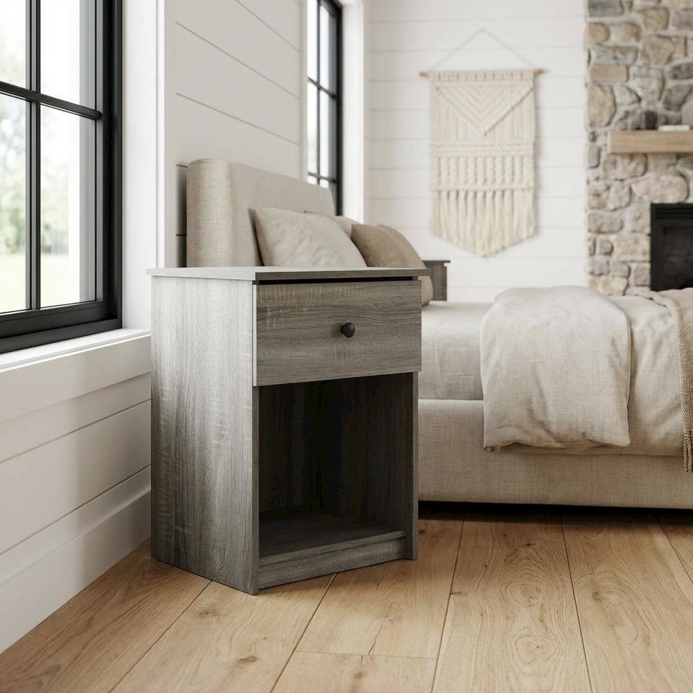 Angle. FurniFact - Nightstand with Grey Finish and Wood Construction for Bedroom Storage - French Oak Grey.