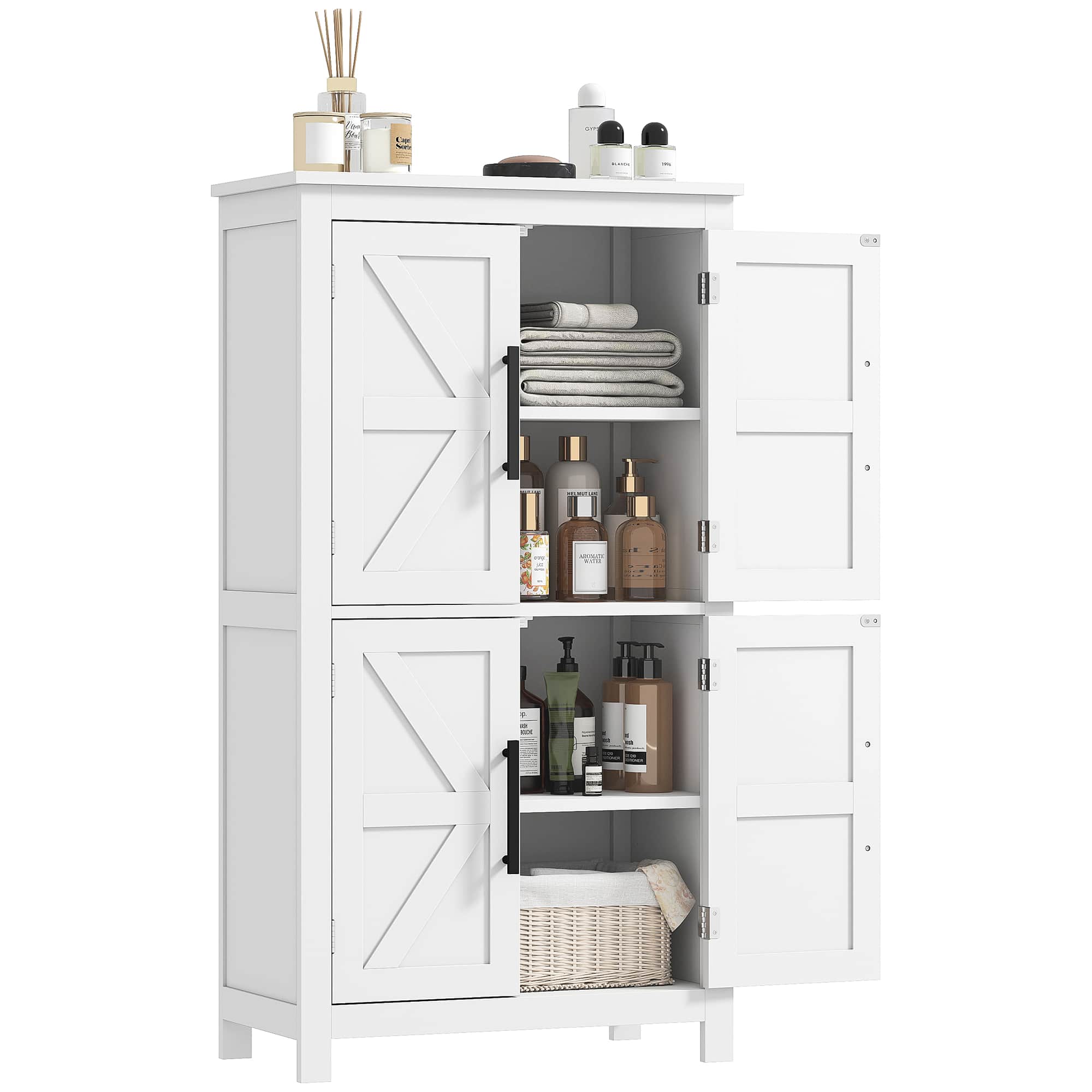 Front. Homcom - Farmhouse Bathroom Storage Cabinet with 4 Barn Doors, Bathroom Floor Cabinet with 2 Adjustable Shelf - White.
