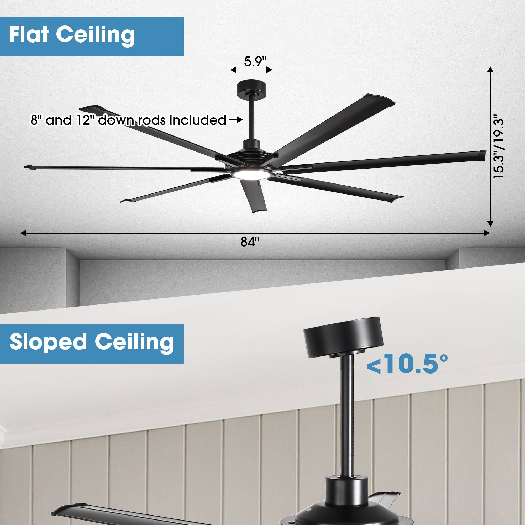 Flat Ceiling  
5.9"  
8" and 12" down rods included  
15.3"/19.3"  
84"  

Sloped Ceiling  
<10.5°