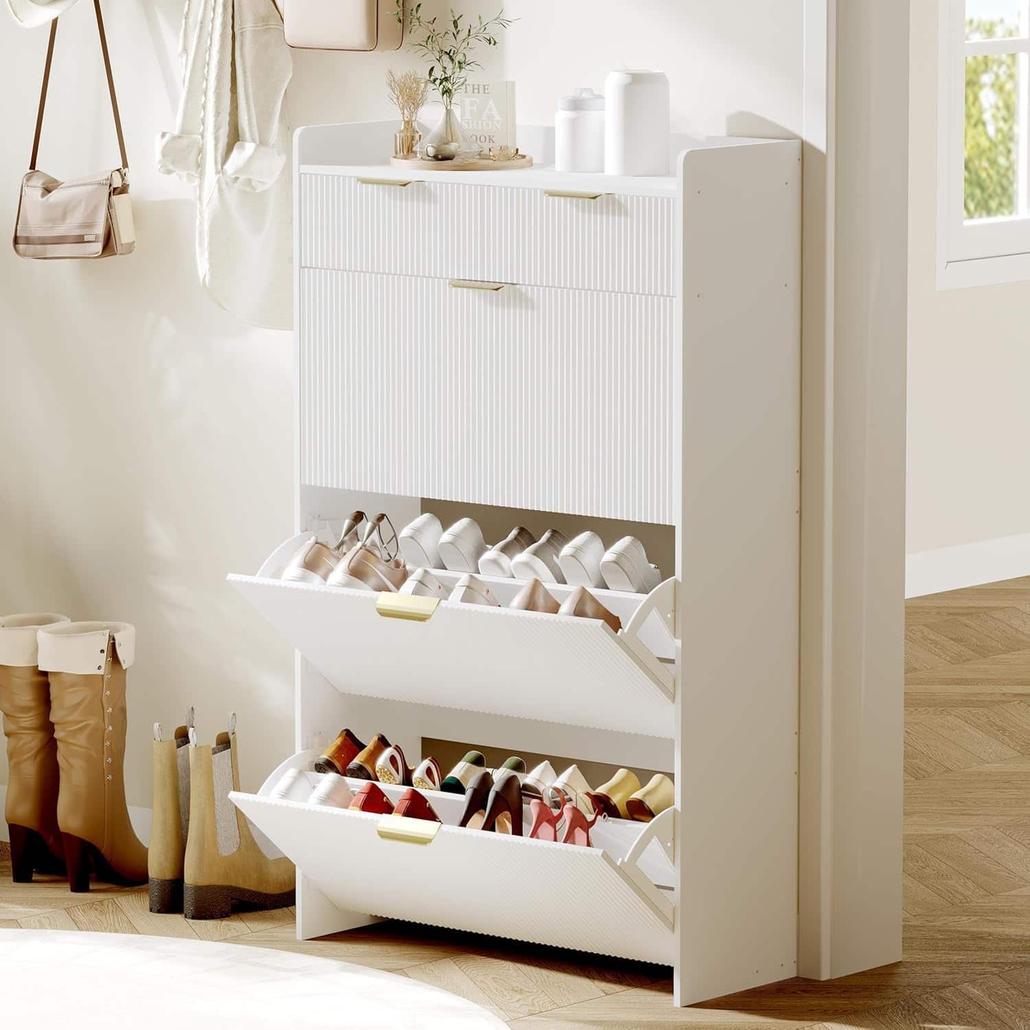 Acekool - Fluted Shoe Cabinet with 2 Flip Drawers Pull Out Drawer and Hook Slim Organizer - White