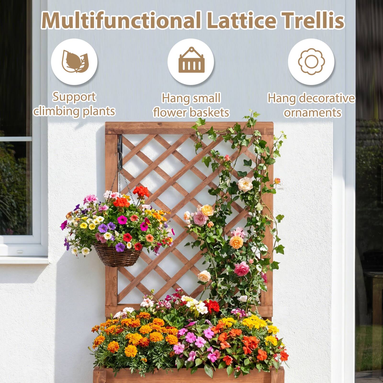 Multifunctional Lattice Trellis

- Support climbing plants
- Hang small flower baskets
- Hang decorative ornaments