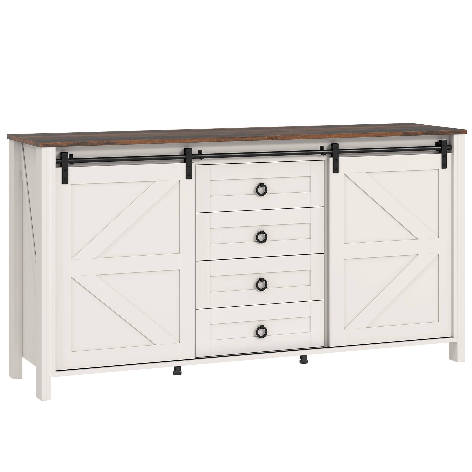 Alt View 7. Homcom - 60" Farmhouse Sideboard Buffet Cabinet with Storage, Kitchen Cabinet with 2 Sliding Barn Doors, 4 Deep Drawers - Distressed Cream White.
