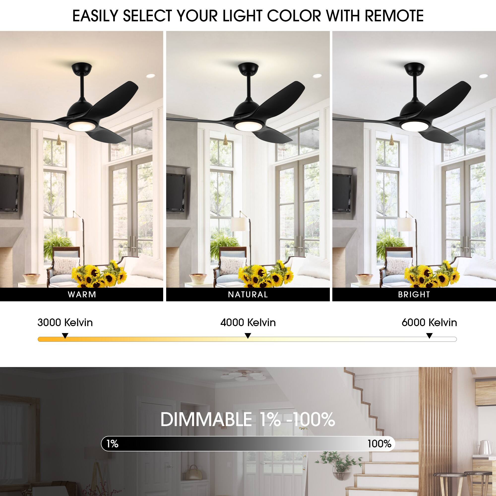 EASILY SELECT YOUR LIGHT COLOR WITH REMOTE

WARM  
3000 Kelvin

NATURAL  
4000 Kelvin

BRIGHT  
6000 Kelvin

DIMMABLE 1% - 100%