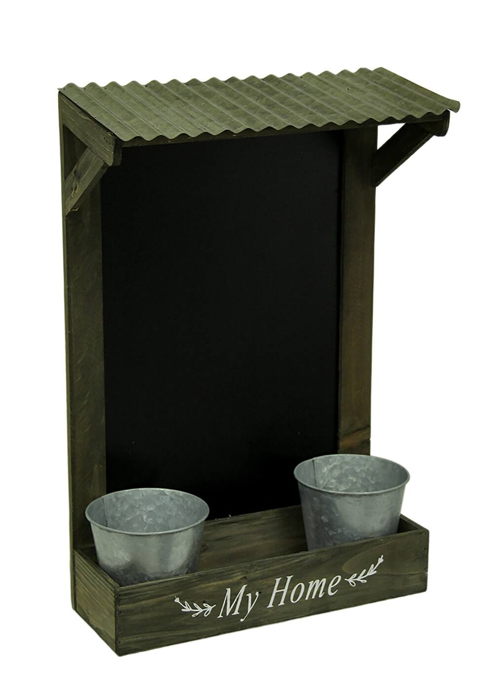 Zeckos - My Home Wooden Chalkboard Wall Hanging w/Shelf & Planters 21.5 Inches High - Brown