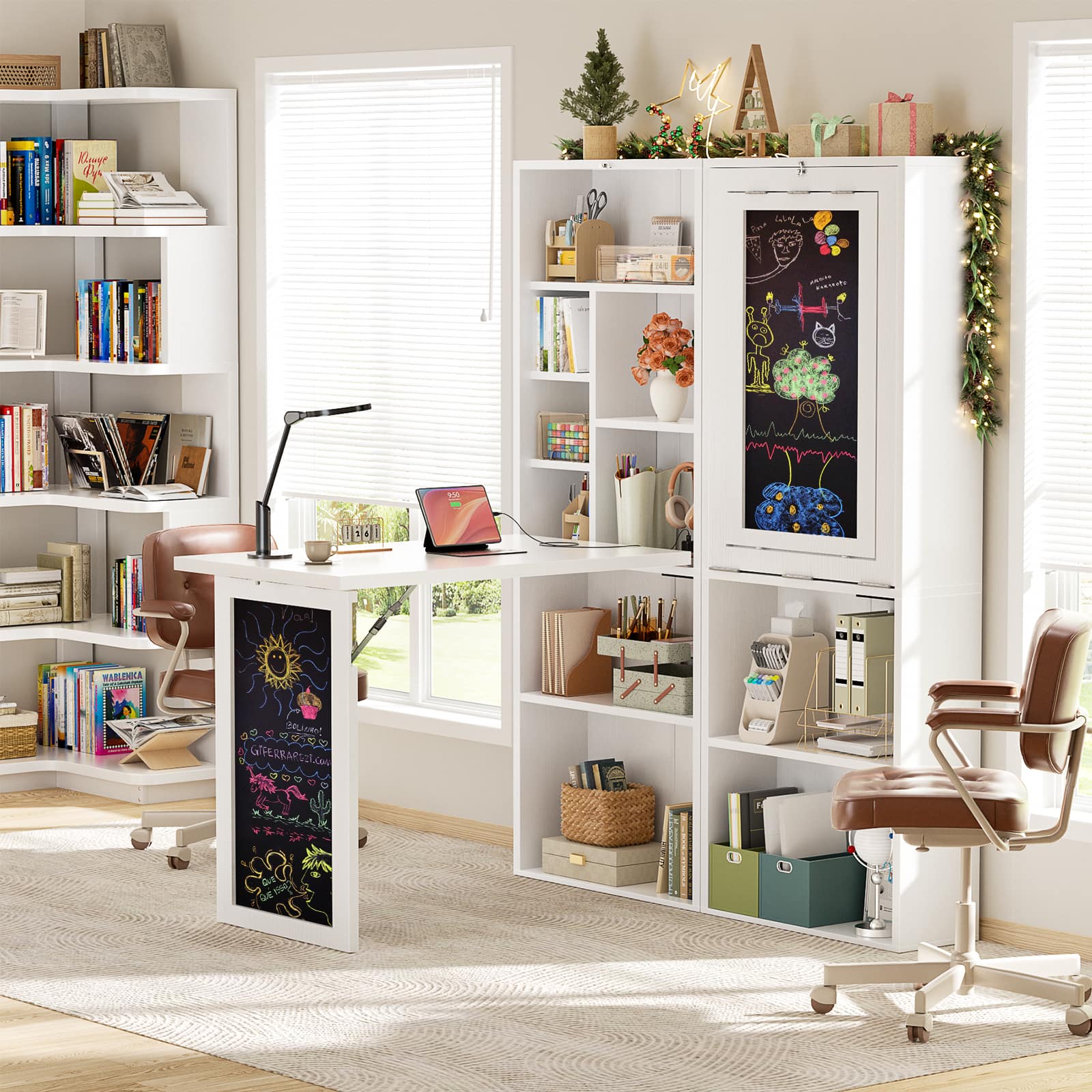 Aheaplus - Foldable Compact Desk: Built-in Outlets & Blackboard, Space-Saving Workstation for Home Office/Craft Room - White