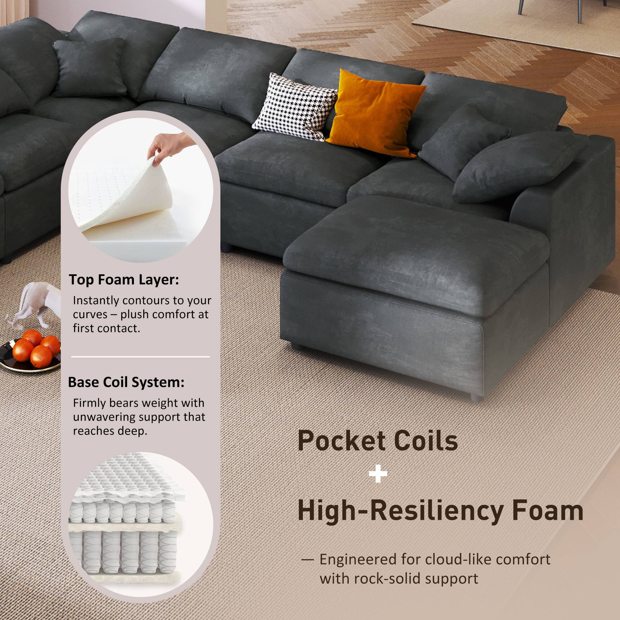 Top Foam Layer: Instantly contours to your curves – plush comfort at first contact.  
Base Coil System: Firmly bears weight with unwavering support that reaches deep.  
Pocket Coils + High-Resiliency Foam  
Engineered for cloud-like comfort with rock-solid support