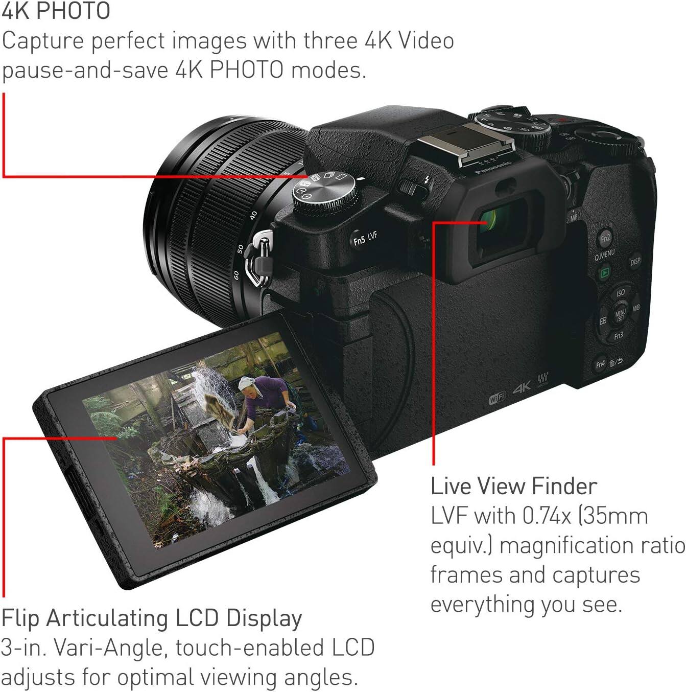 4K PHOTO  
Capture perfect images with three 4K Video pause-and-save 4K PHOTO modes.

4K WIFI  
Flip Articulating LCD Display  
3-in. Vari-Angle, touch-enabled LCD adjusts for optimal viewing angles.

Live View Finder  
LVF with 0.74x (35mm equiv.) magnification ratio frames and captures everything you see.