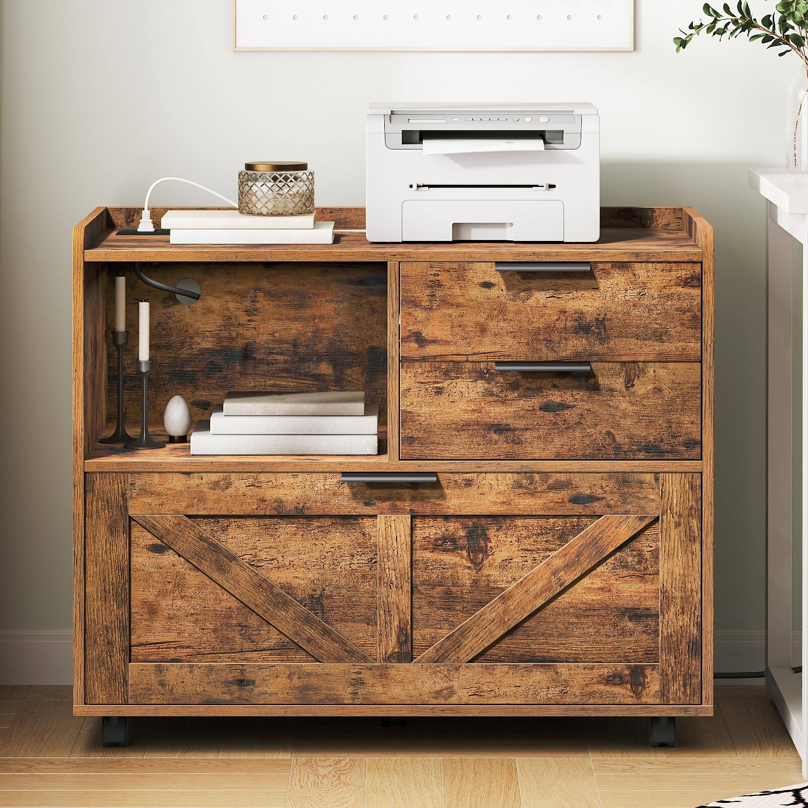 Left. Hirose Alice - Lateral File Cabinet en Storage Drawers With Charging Station Filing For Home A4/letter/legal-sized Files Printer Stand - Black.