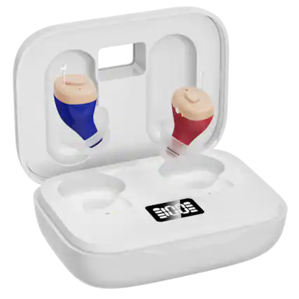 Front. Eara - Eara Clear ITC Rechargeable OTC Hearing Aids, Dual Microphones - Red/Blue.