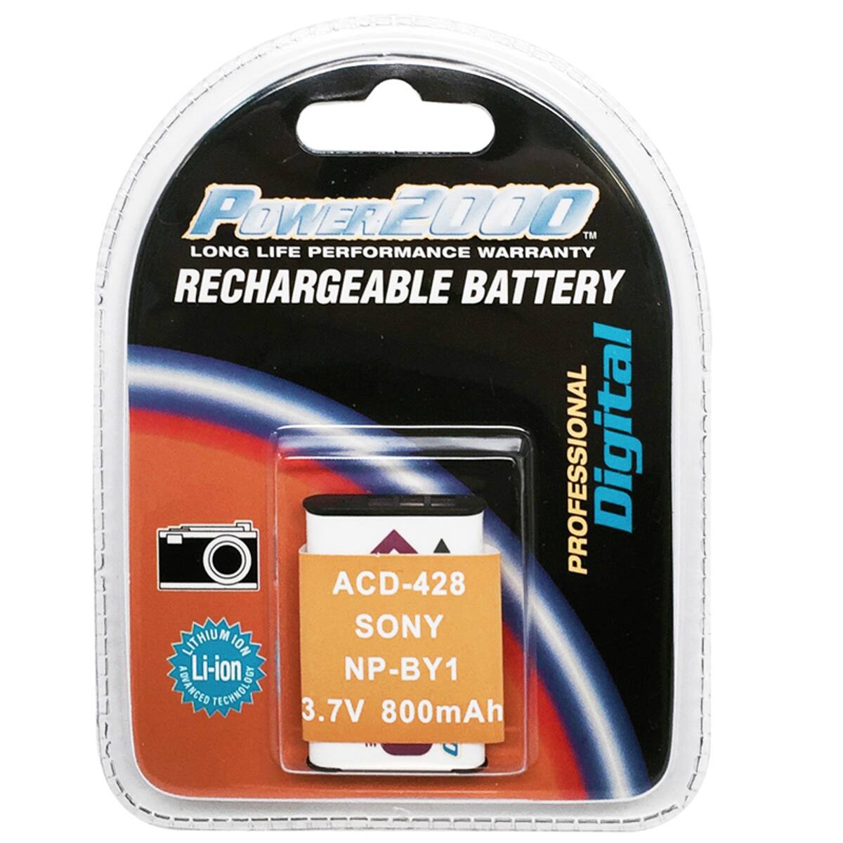 POWER2000™ LONG LIFE PERFORMANCE WARRANTY RECHARGEABLE BATTERY ACD-428 PROFESSIONAL Digital SONY LITHIUM ION Li-ion 150 NP-BY1 ADVANCED TECHNOLOGY 3.7V 800mAh