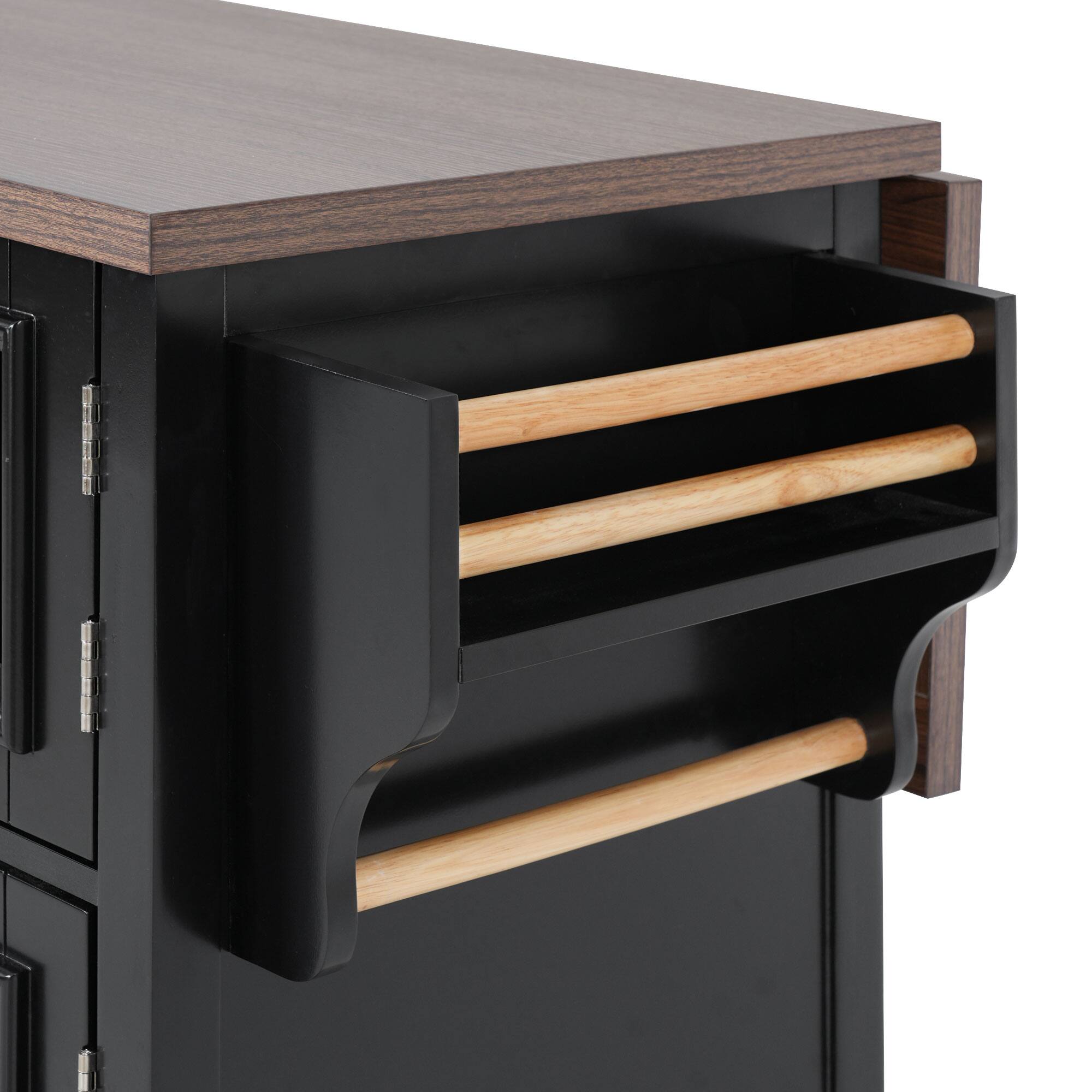 Alt View 7. Forest'nSky - 54.9" Kitchen Island with Drop Leaf & Power Outlet Rolling Storage Cart with 4 Doors,Black - Black.