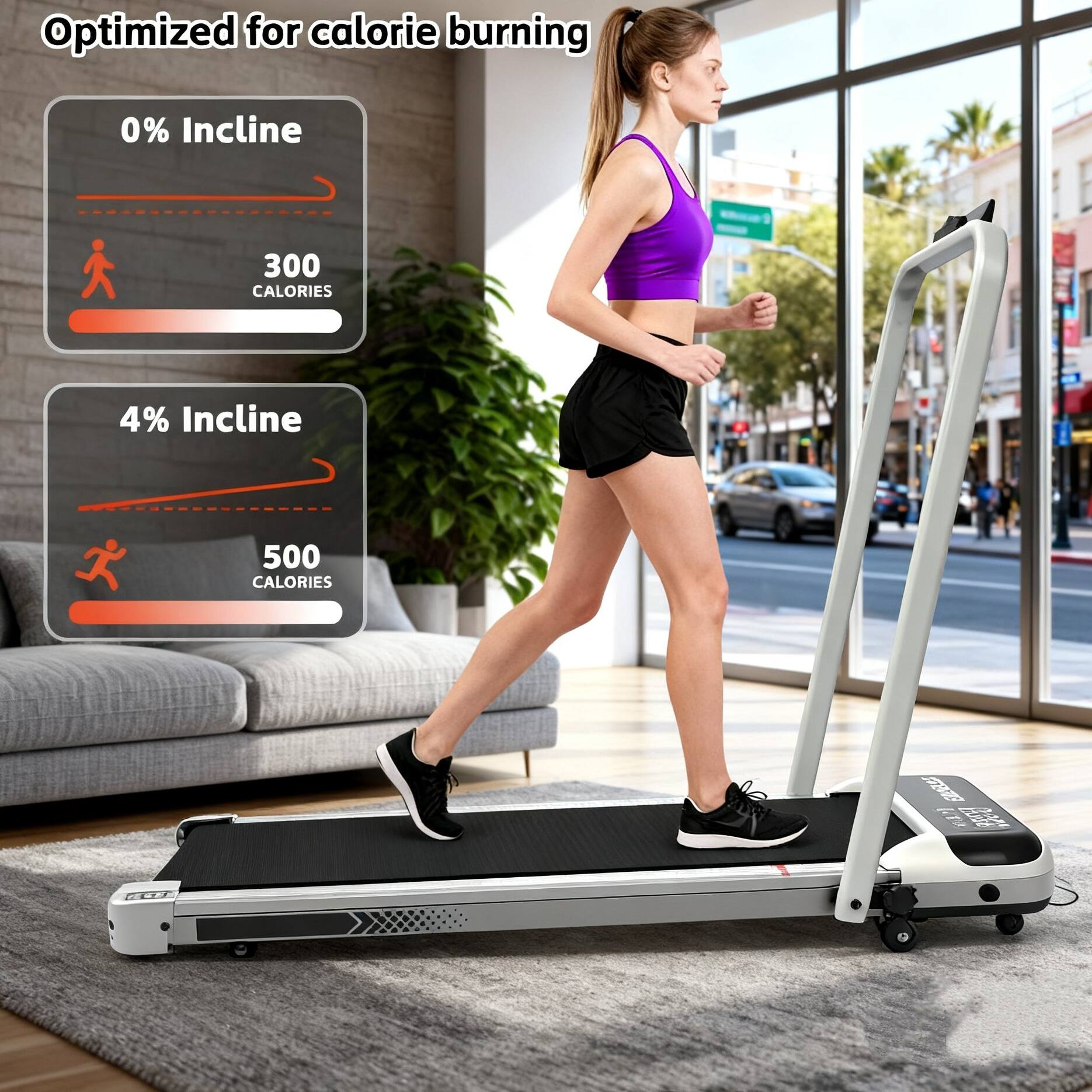 Optimized for calorie burning

0% Incline  
300 CALORIES

4% Incline  
500 CALORIES
