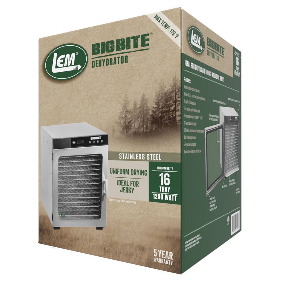 MAX TEMP: 176°F  
TEMP: 176°F  

BIGBITE DEHYDRATOR  

STAINLESS STEEL  
UNIFORM DRYING  
IDEAL FOR JERKY  

16 TRAY  
1200 WATT  

5 YEAR WARRANTY  

FEATURES:  
- 16 trays for drying all foods, including jerky  
- Stainless steel construction for durability and easy cleaning  
- 1200 watts for fast drying  
- 5-year warranty  

IDEAL FOR DRYING FOODS, INCLUDING JERKY  

HIGH CAPACITY  
16 TRAY  

5 YEAR WARRANTY