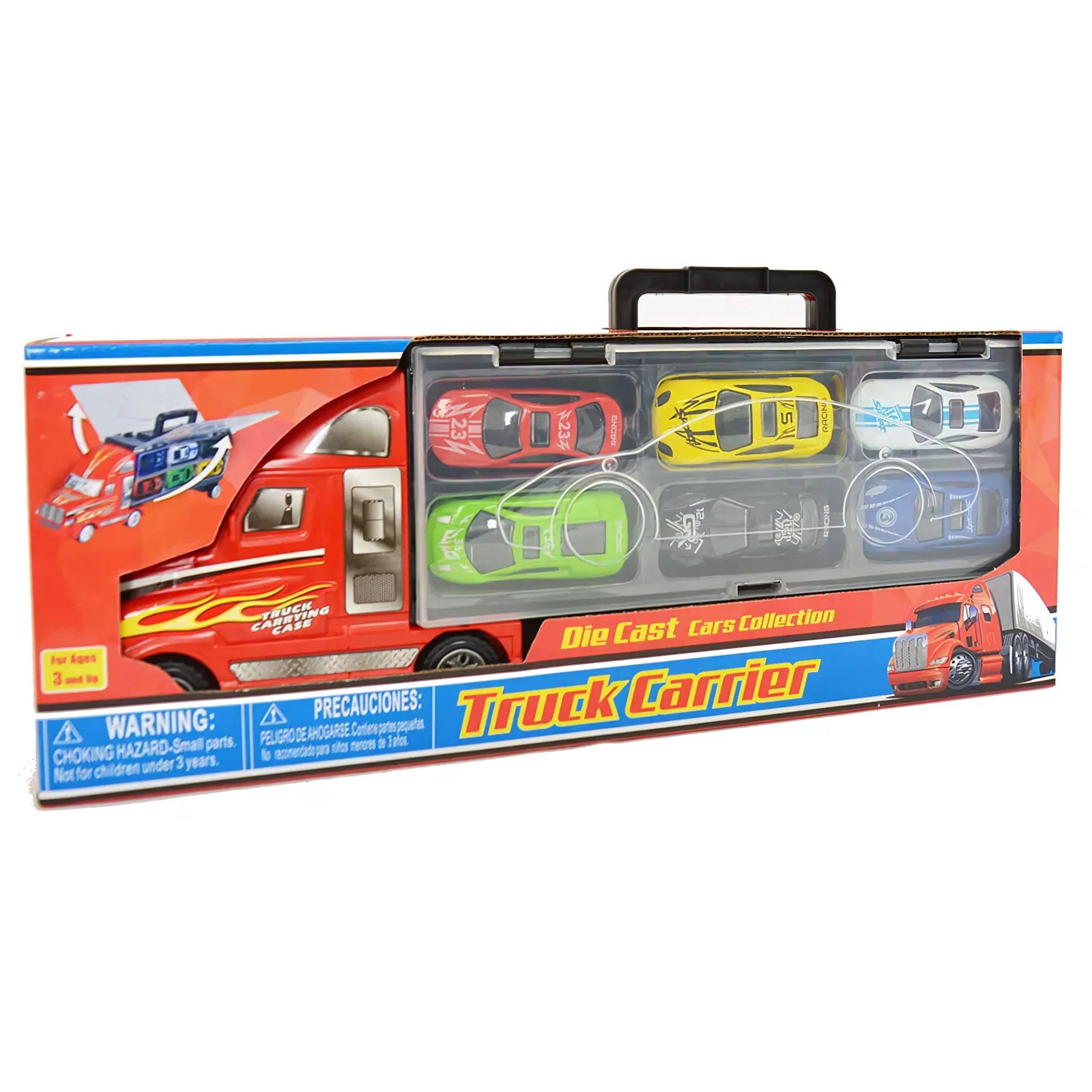 Sure, here is the corrected text:

---

**Die Cast Cars Collection**

**Truck Carrier**

**For Ages 3 and up**

**WARNING: CHOKING HAZARD - Small parts. Not for children under 3 years.**

**PRECAUCIONES: PELIGRO DE AHOGARSE - Contiene partes pequeñas. No recomendado para niños menores de 3 años.**

---

This text is grouped and corrected from the image.
