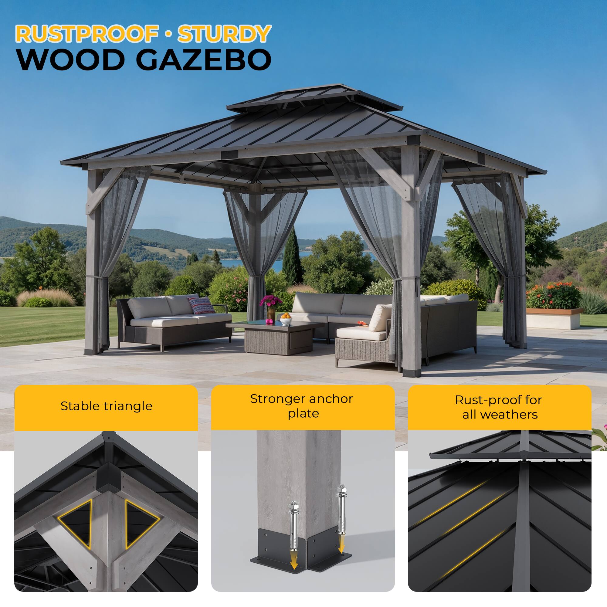 RUSTPROOF STURDY WOOD GAZEBO

- Stable triangle
- Stronger anchor plate
- Rust-proof for all weathers