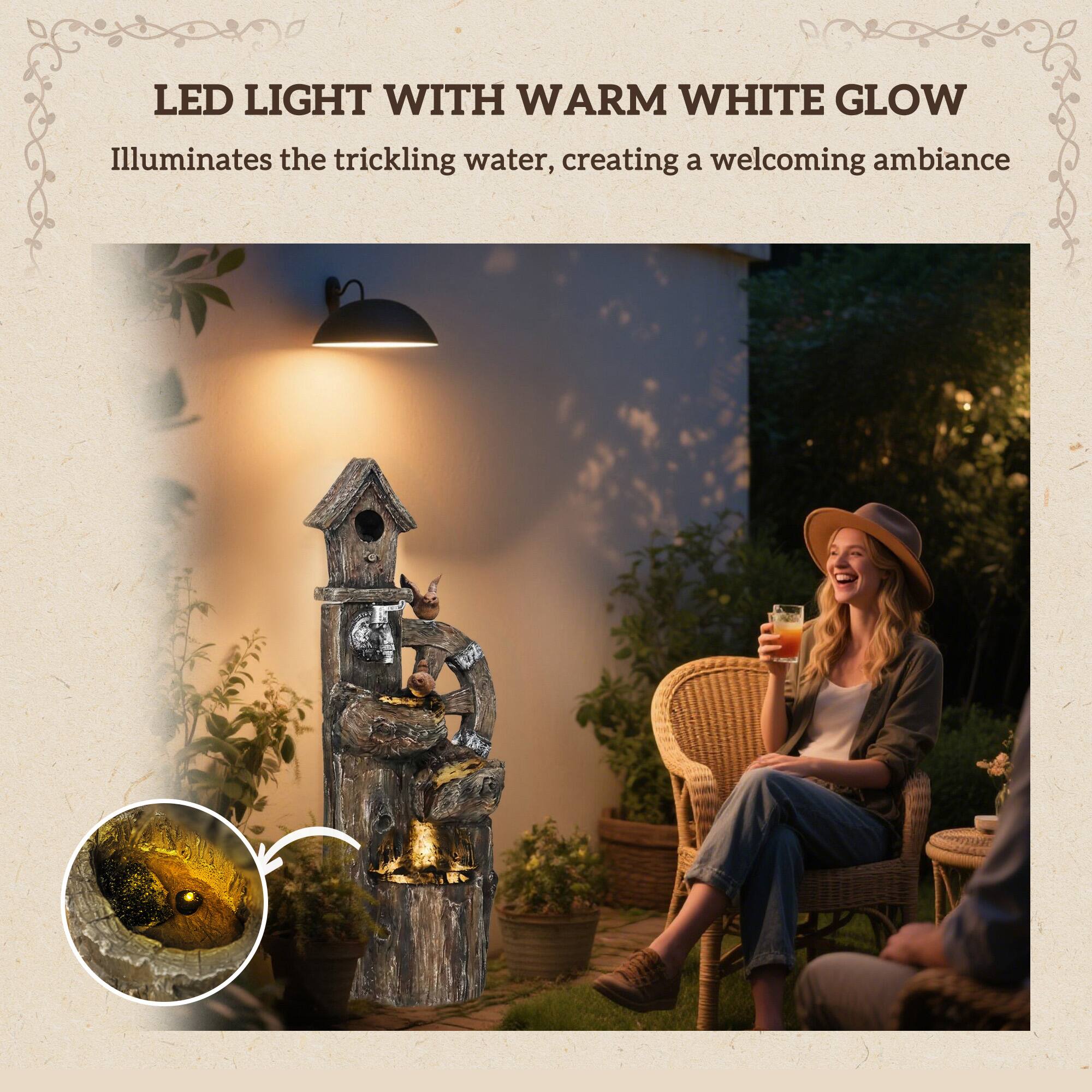LED LIGHT WITH WARM WHITE GLOW  
Illuminates the trickling water, creating a welcoming ambiance
