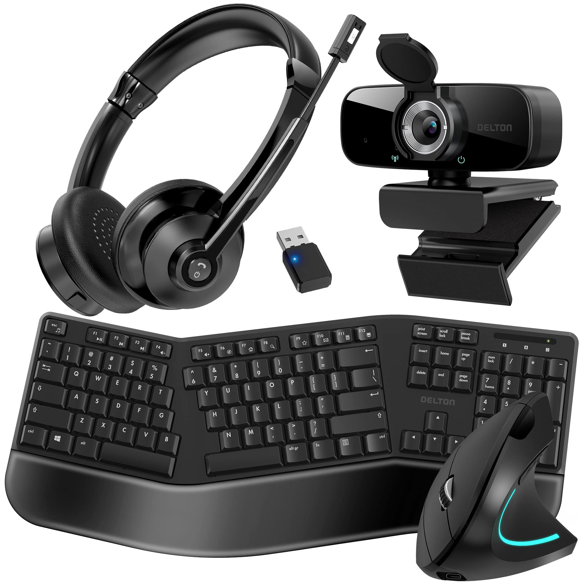 Delton - 30X Work Anywhere Bundle: Ergonomic Keyboard, Mouse, Webcam, Headset (DBND4WLS30X) - Black