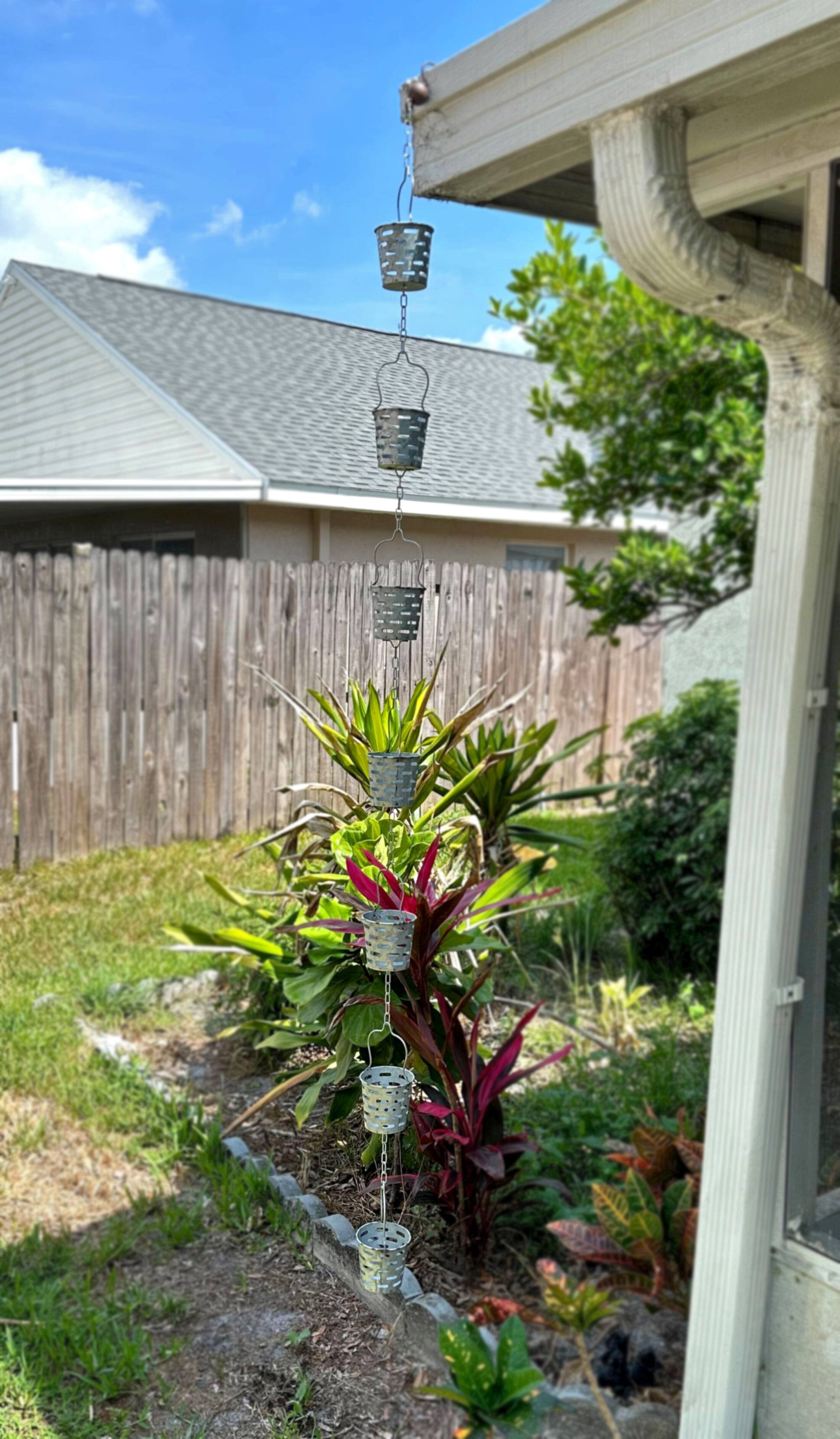 Alt View 3. Zeckos - 74 Inch Galvanized Metal Olive Bucket Rain Chain Gutter Home Downspout Accent - Silver.