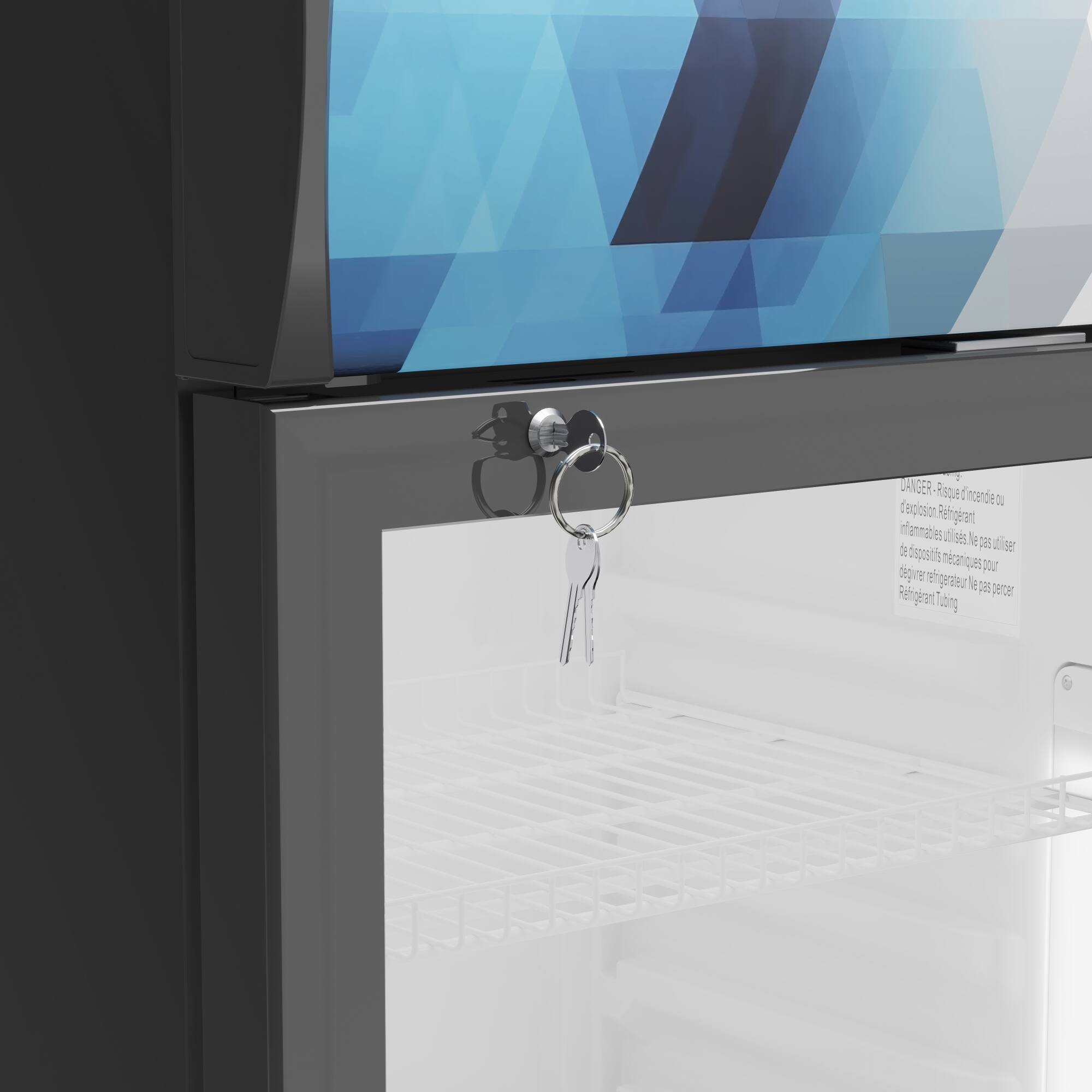 The text on the image reads: "Danger: Do not open. Refrigerant: CFCs harm ozone. Refrigerant: Contains refrigerant which is harmful to the ozone layer. Refrigerant: Contains refrigerant which is harmful to the ozone layer. Refrigerant: Contains refrigerant which is harmful to the ozone layer. Refrigerant: Contains refrigerant which is harmful to the ozone layer."